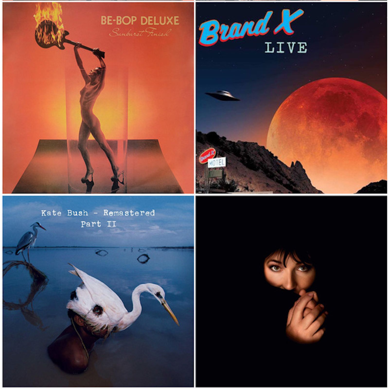 Album artwork for Be-Bop Deluxe’s Sunburst Finish, Brand X’s Live, and Kate Bush’s Remastered Part II, among releases featuring work by Stephen W Tayler in November 2018.