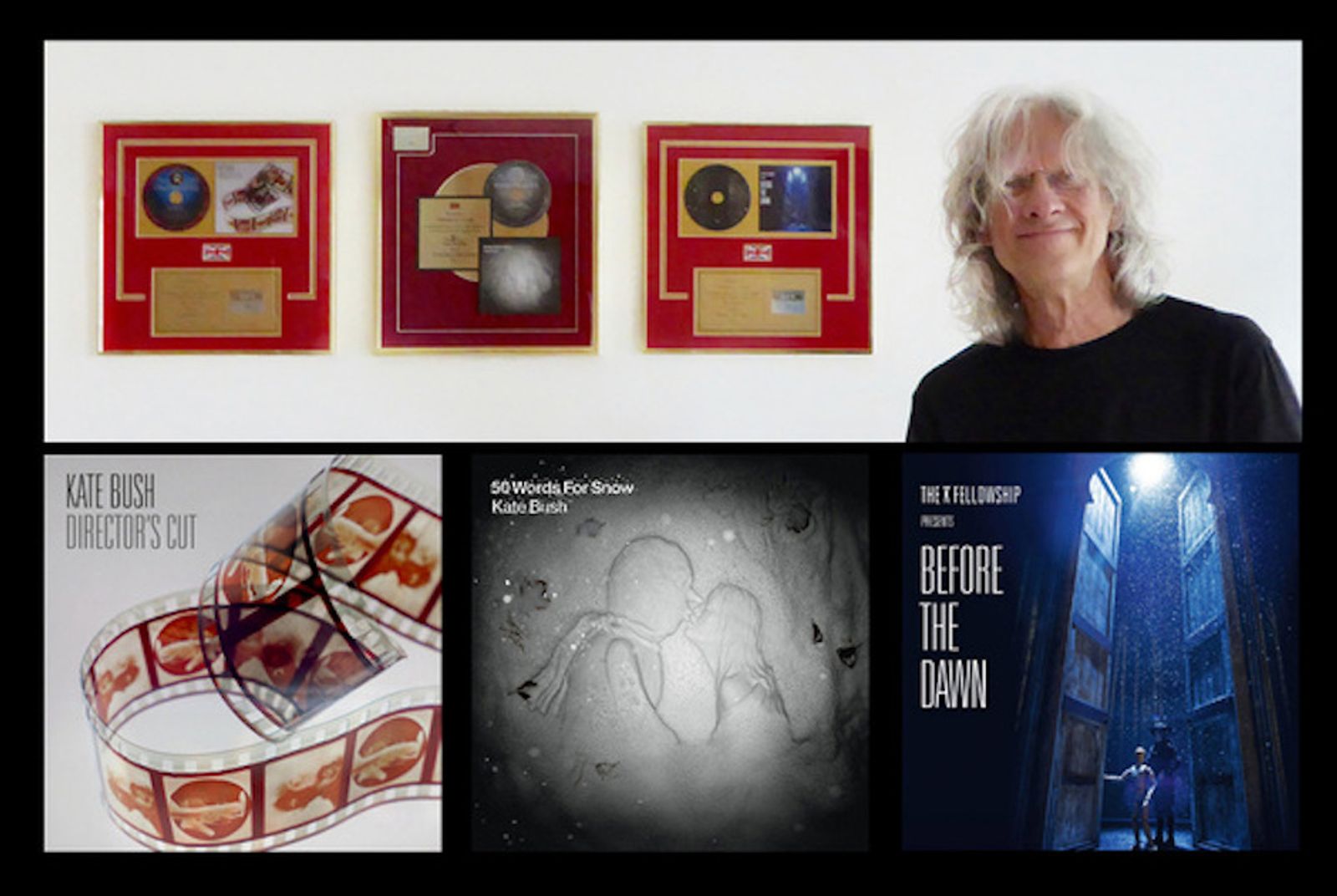 Stephen W Tayler with three gold album awards for his work with Kate Bush, alongside the covers of Director’s Cut, 50 Words for Snow and Before the Dawn, December 2017.