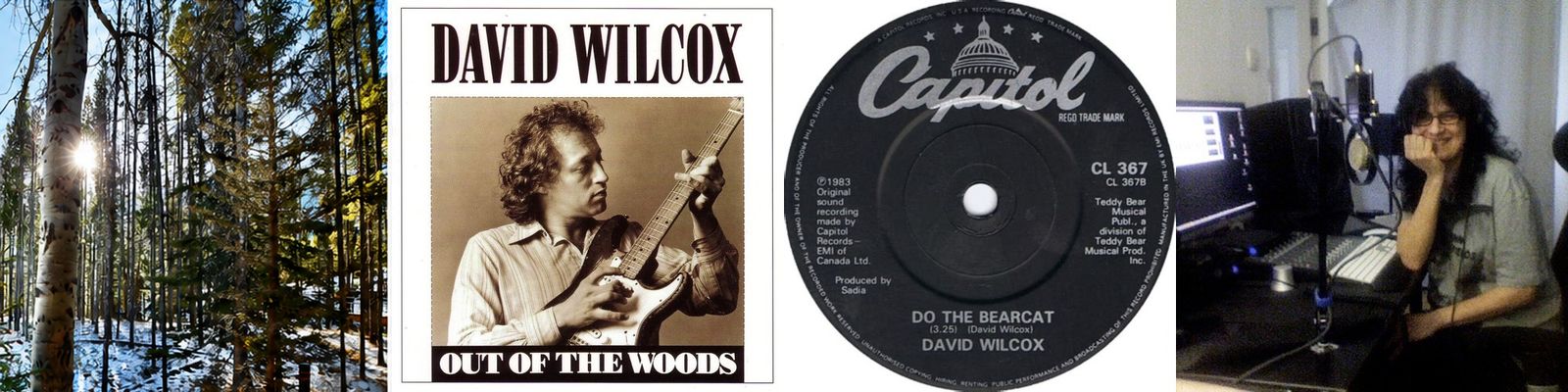 Banff woodland in winter; David Wilcox’s Out of the Woods; “Do the Bearcat” Capitol single; Sadia Sadia at DAR Digital Audio Recording console.