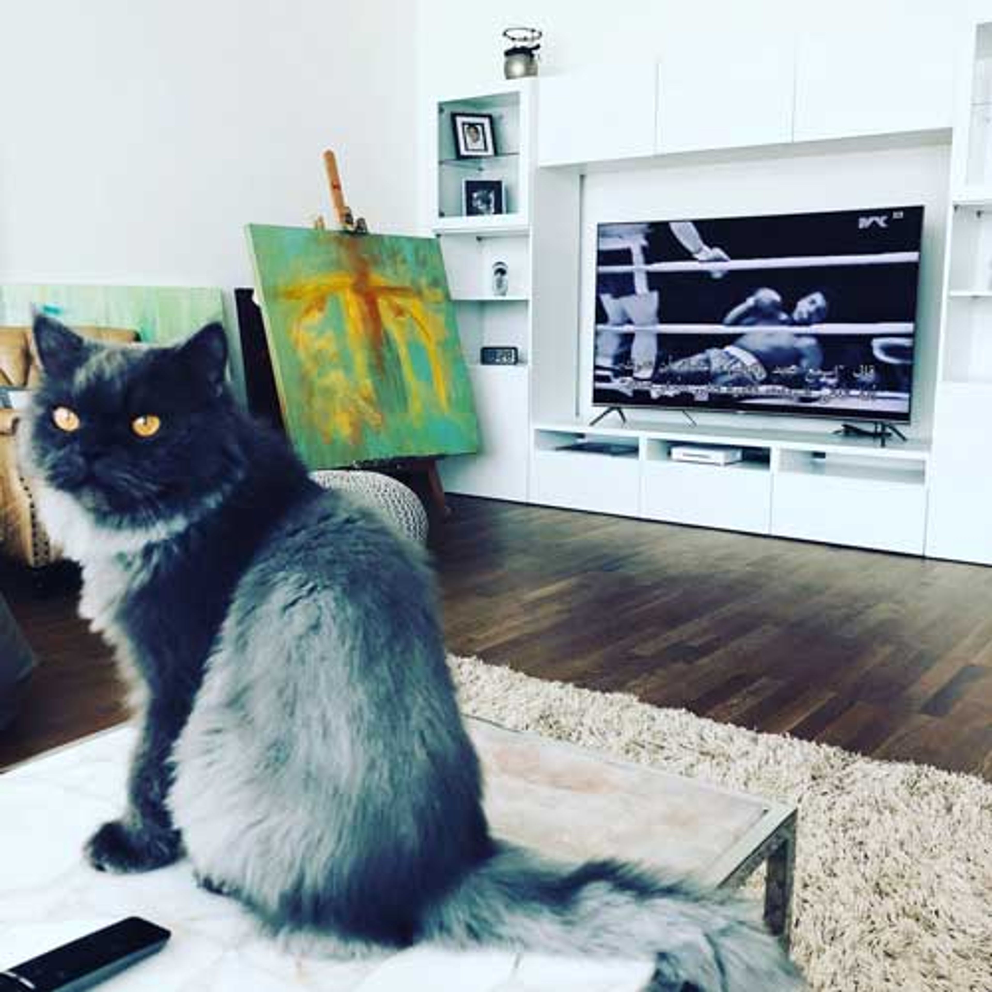 A painting by Rima Chahine on an easel, with a cat watching