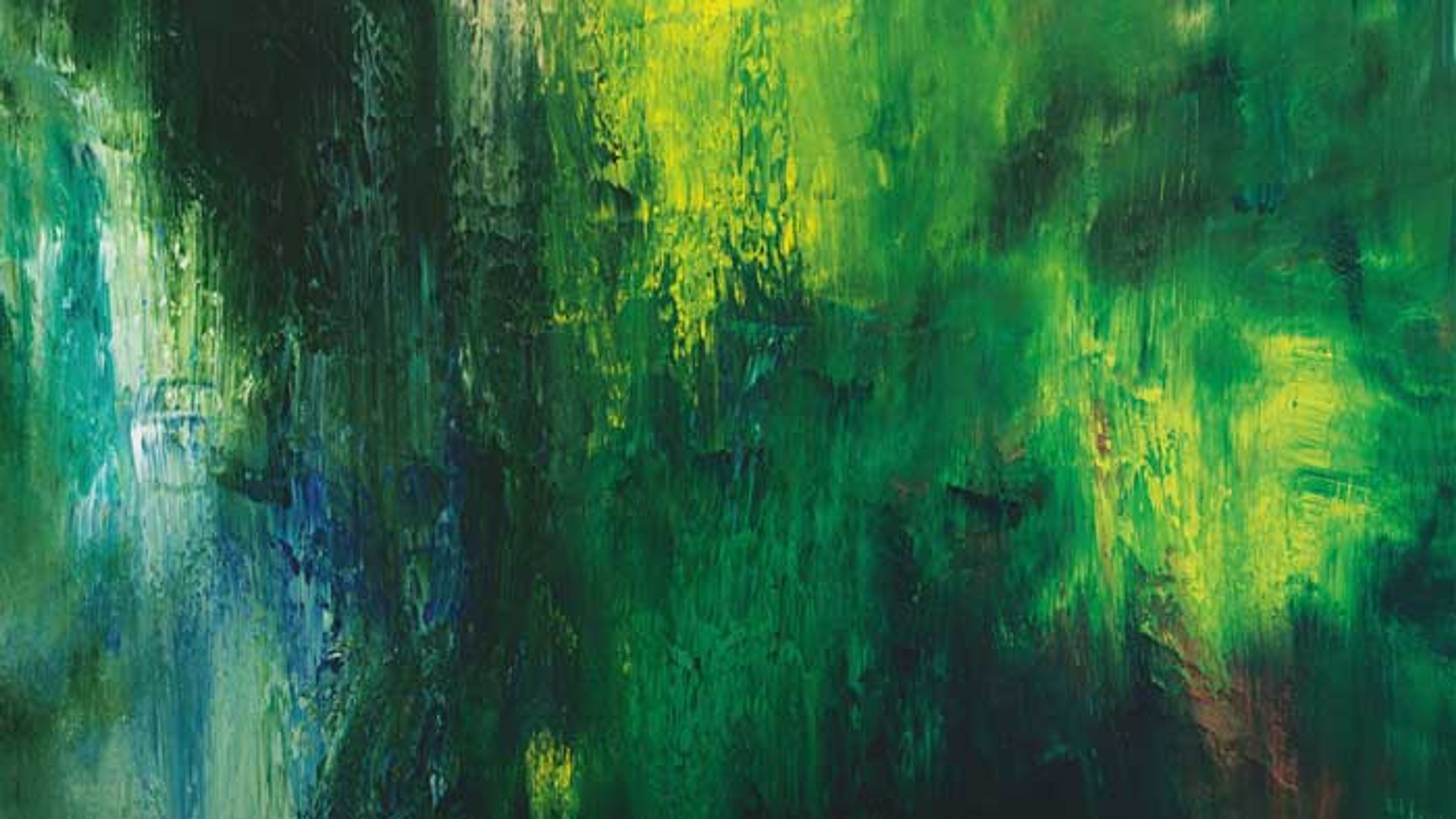 New Earth, 2018, abstract acrylic painting in greens and yellow by Rima Chahine