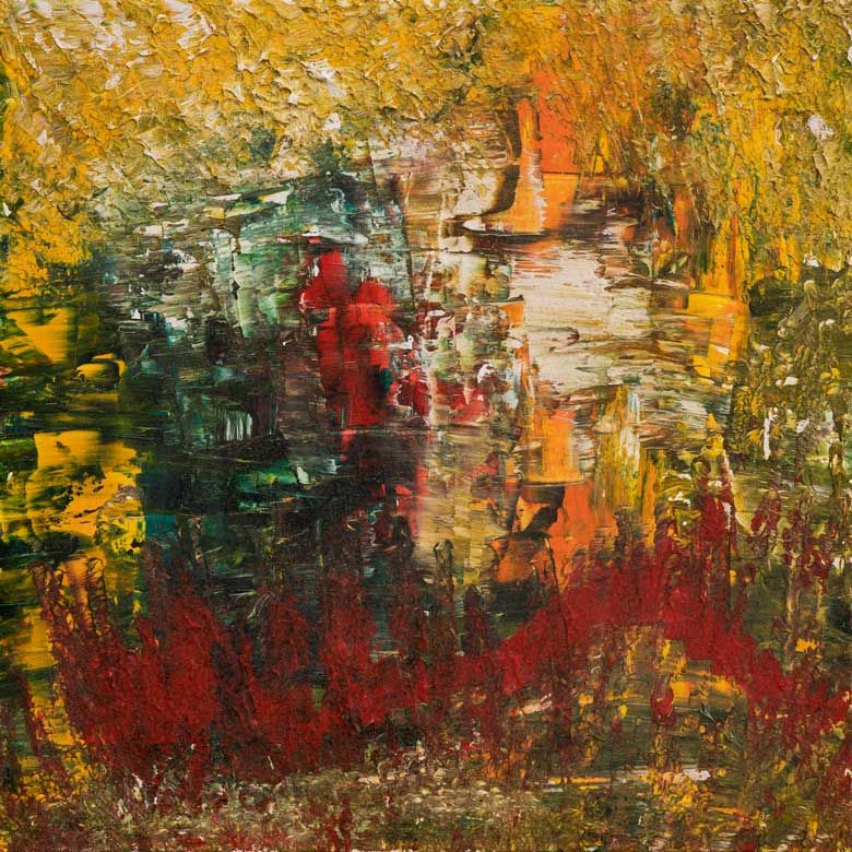Abstract acrylic painting in yellow, red and green by Rima Chahine