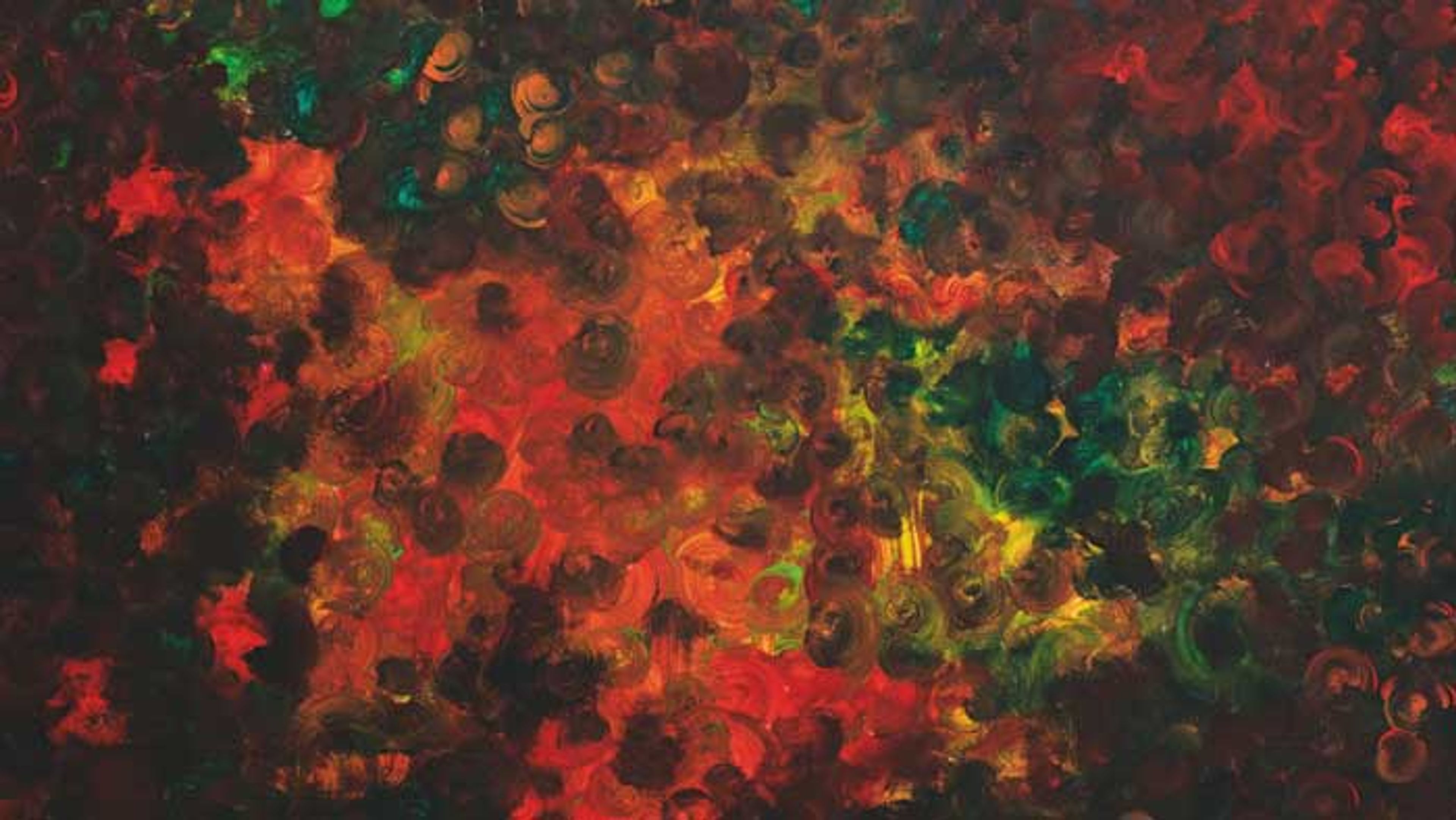 Volcano Heart, 2018, abstract acrylic painting in red and green by Rima Chahine