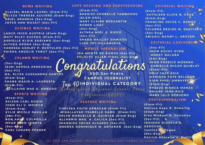 Campus journalists ng San Pedro, namayagpag sa RRSPC 2026