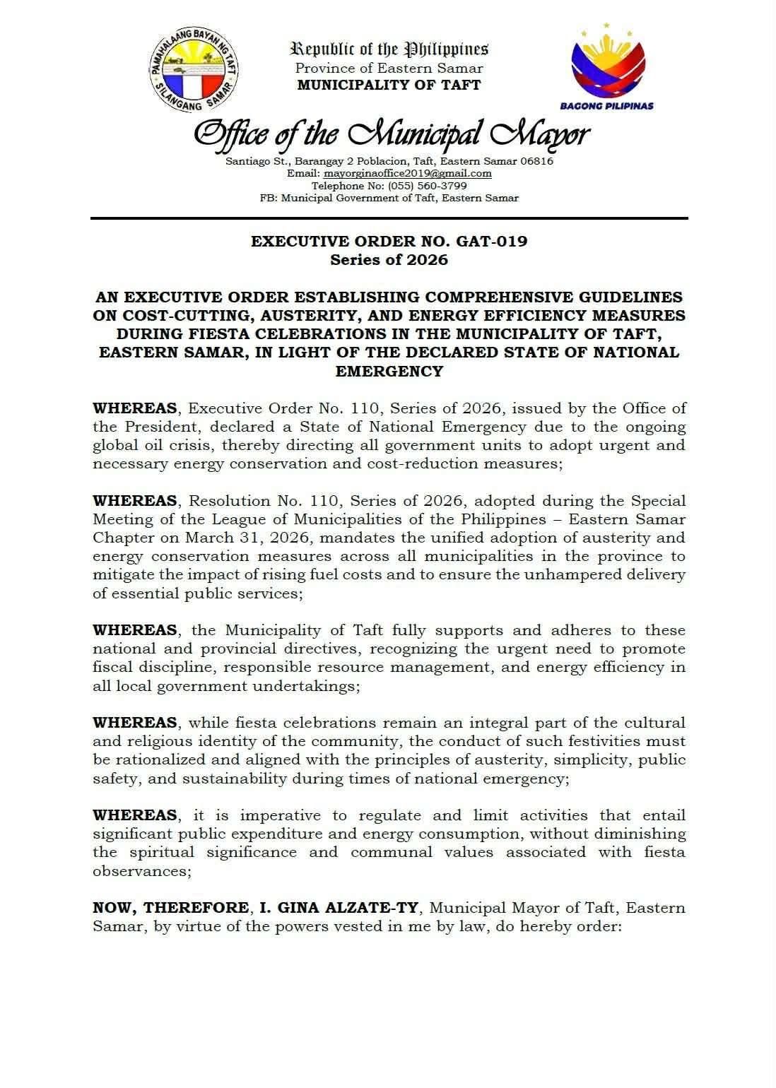 Taft, nagpapatuman hin austerity measures