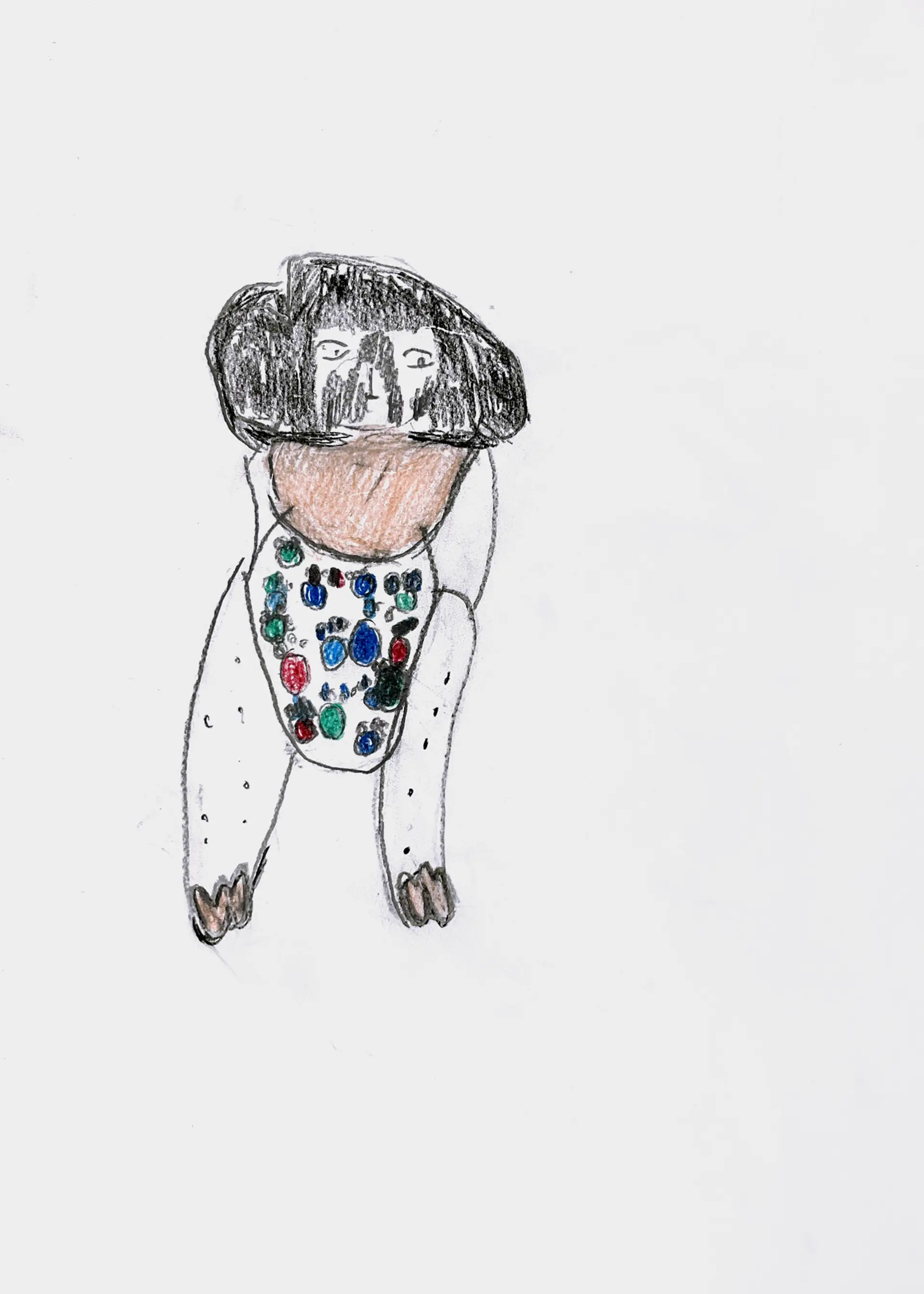A coloured pencil of Tasha’s dog, Buttons. He is sitting down, looking at the viewer. He is black and white and has a colourful patterned bandana wrapped around his neck
