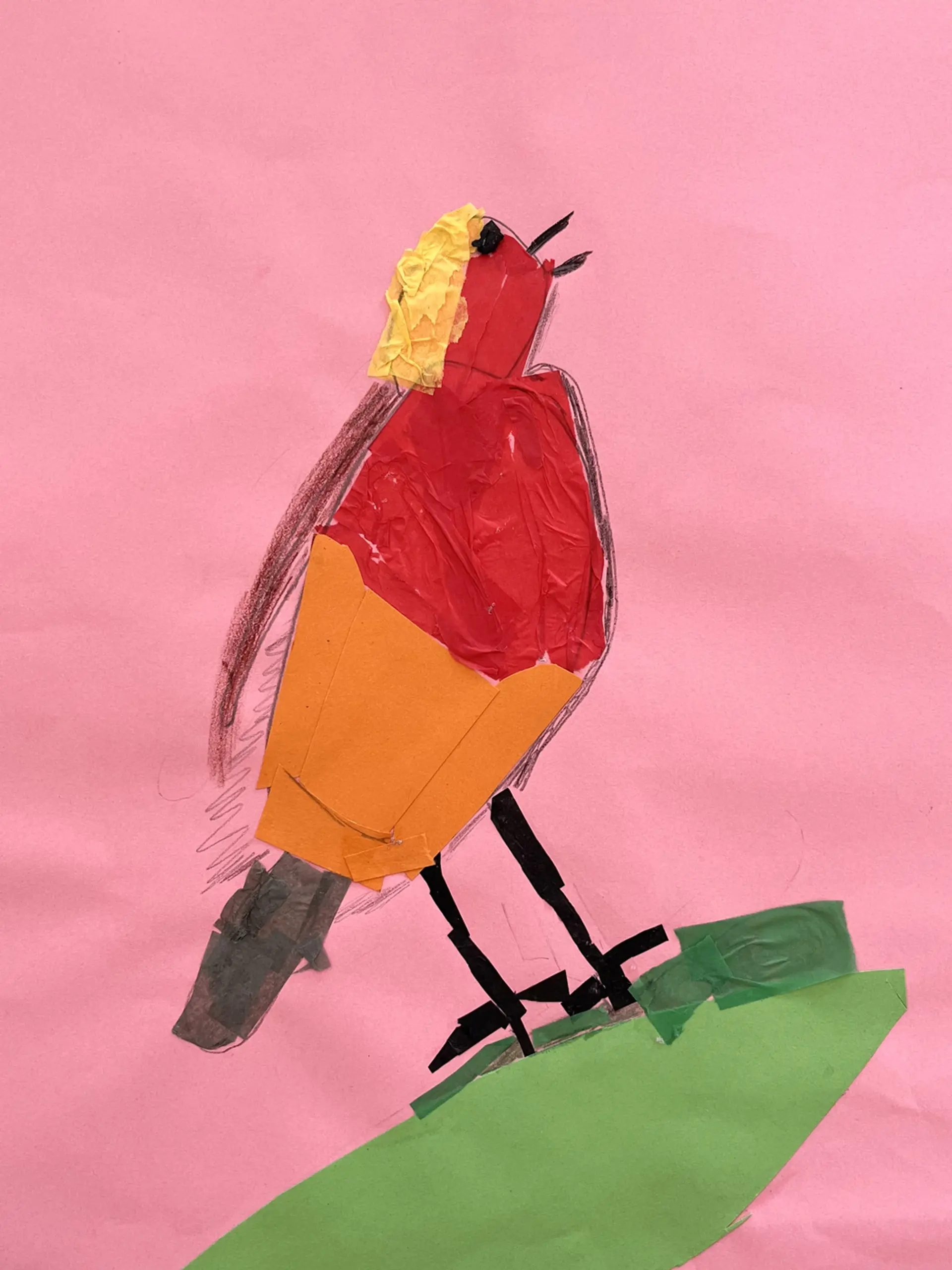 A collage of a robin on a pink background. The artist has used tissue paper for the collage and the robin is singing, standing on a green branch. 