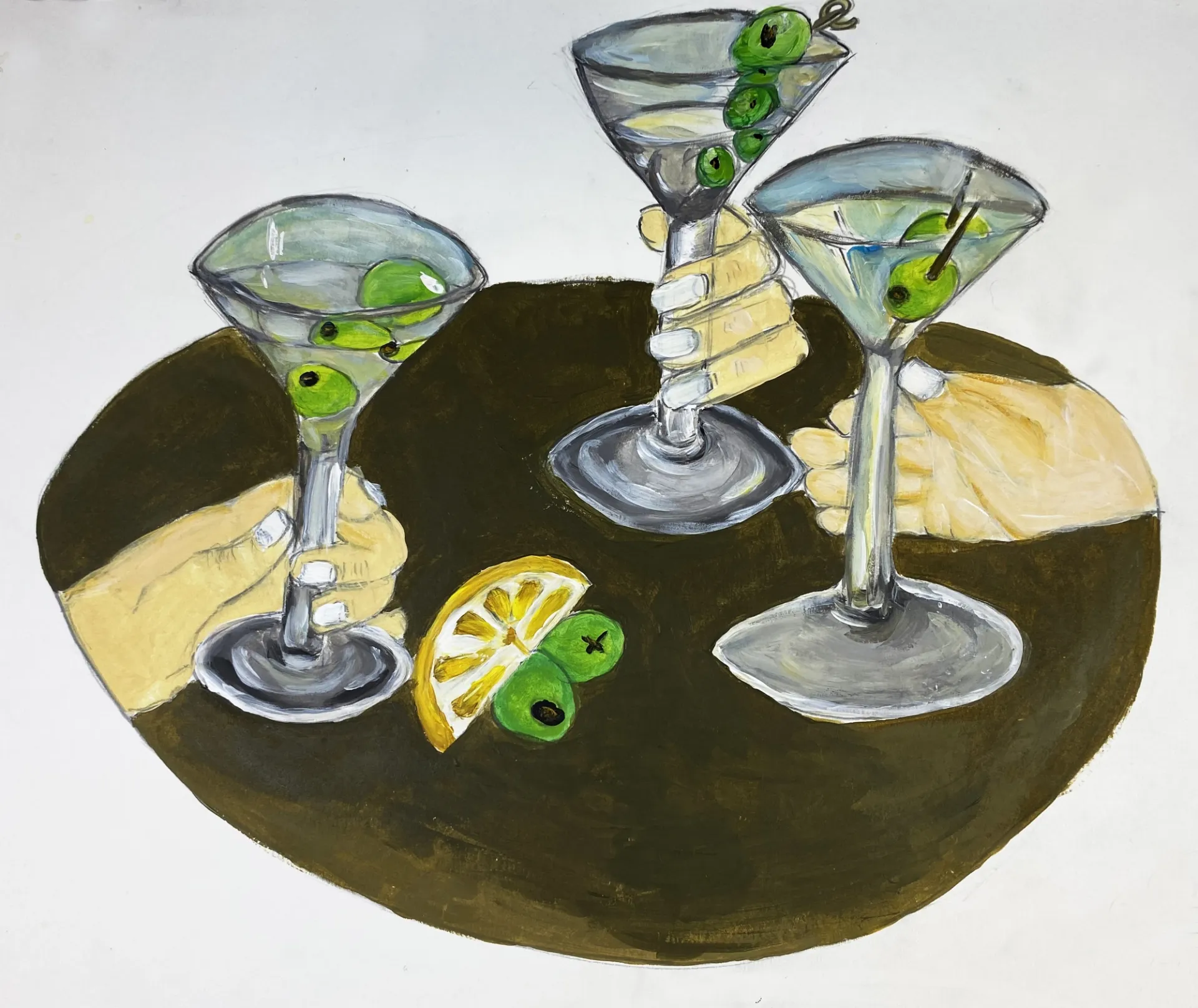 This is a painting of three light-skinned hands holding martini glasses. They look as though they are about to ‘cheers’ their glasses. They have liquid in their glasses with olives on sticks. On the brown table, there are two more olives and a sliced piece of lemon. The background of the image is white.
