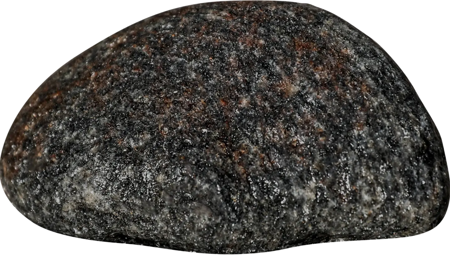  Mica Schist: a semi circular rock with mainly dark tones of grey, black and a rusty brown with flecks of a lighter silver grey 