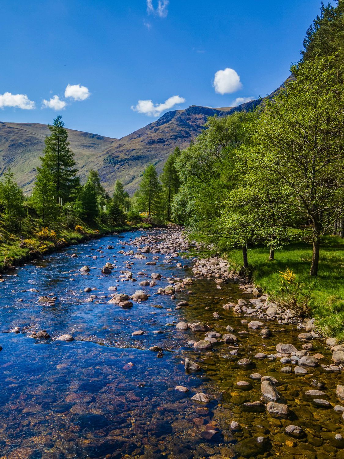 A shot taken from the air looking along Glen Doll on a lovely summer day with just a couple of puffy white clouds in the blue sky