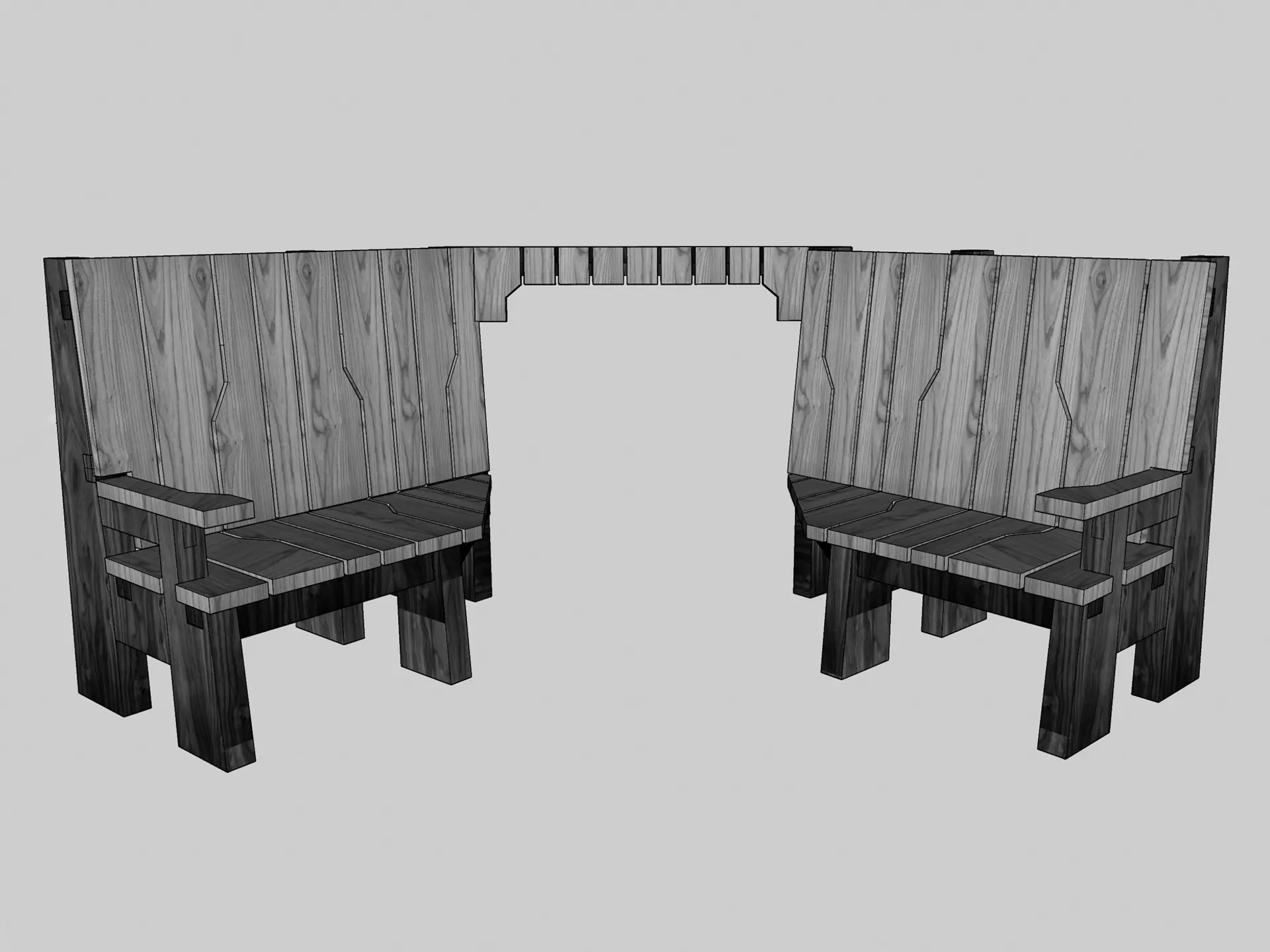 A greyscale image of the final Angus Remembers bench design, heavy wood, 4 legs at one end and 4 legs at the other end, a bridge-like section between the 2 bench sections. The bridge is only at the top of the bench, there is a large space below it. 