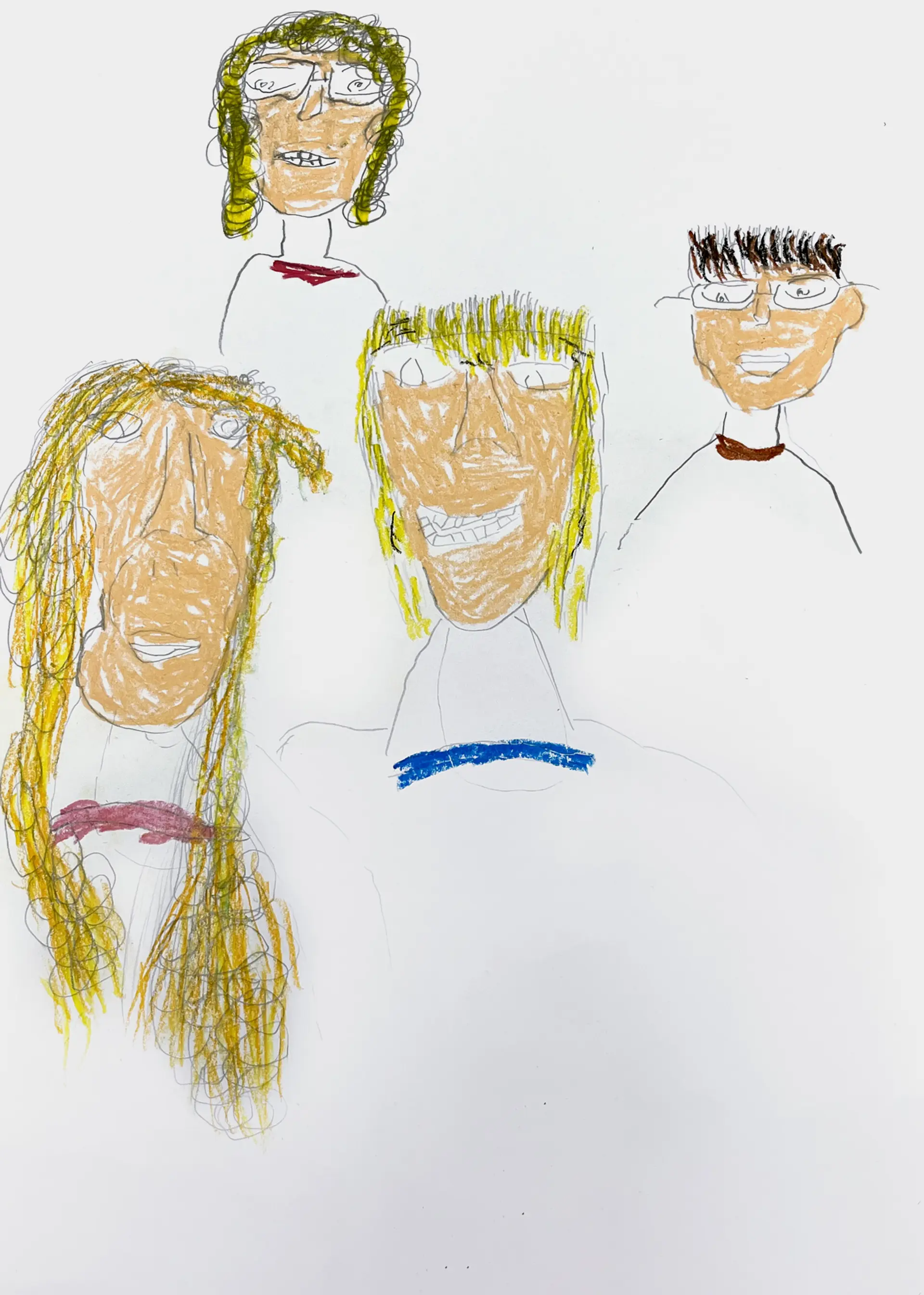 A pencil and oil pastel drawing of Lauren’s family. There are four people in the picture, Lauren, her sister, her mum and her dad. 