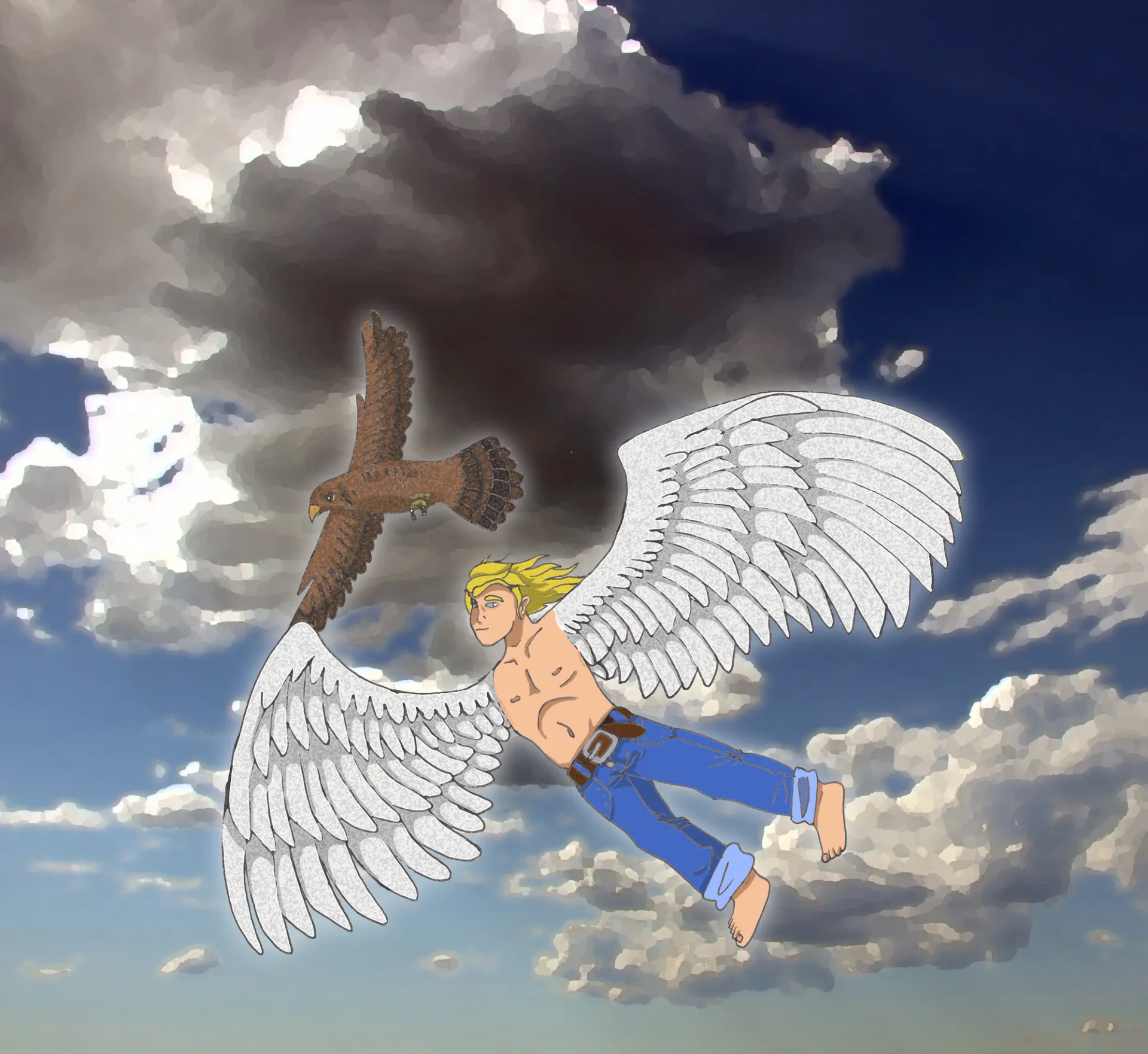 A drawing of a topless light-skinned man in blue jeans, with huge white feathered wings instead of arms. His wings are extended and he flies left, on a background of blue sky with white and grey fluffy clouds. A brown eagle flies with him, slightly above him. The man has blonde hair and is shoeless.