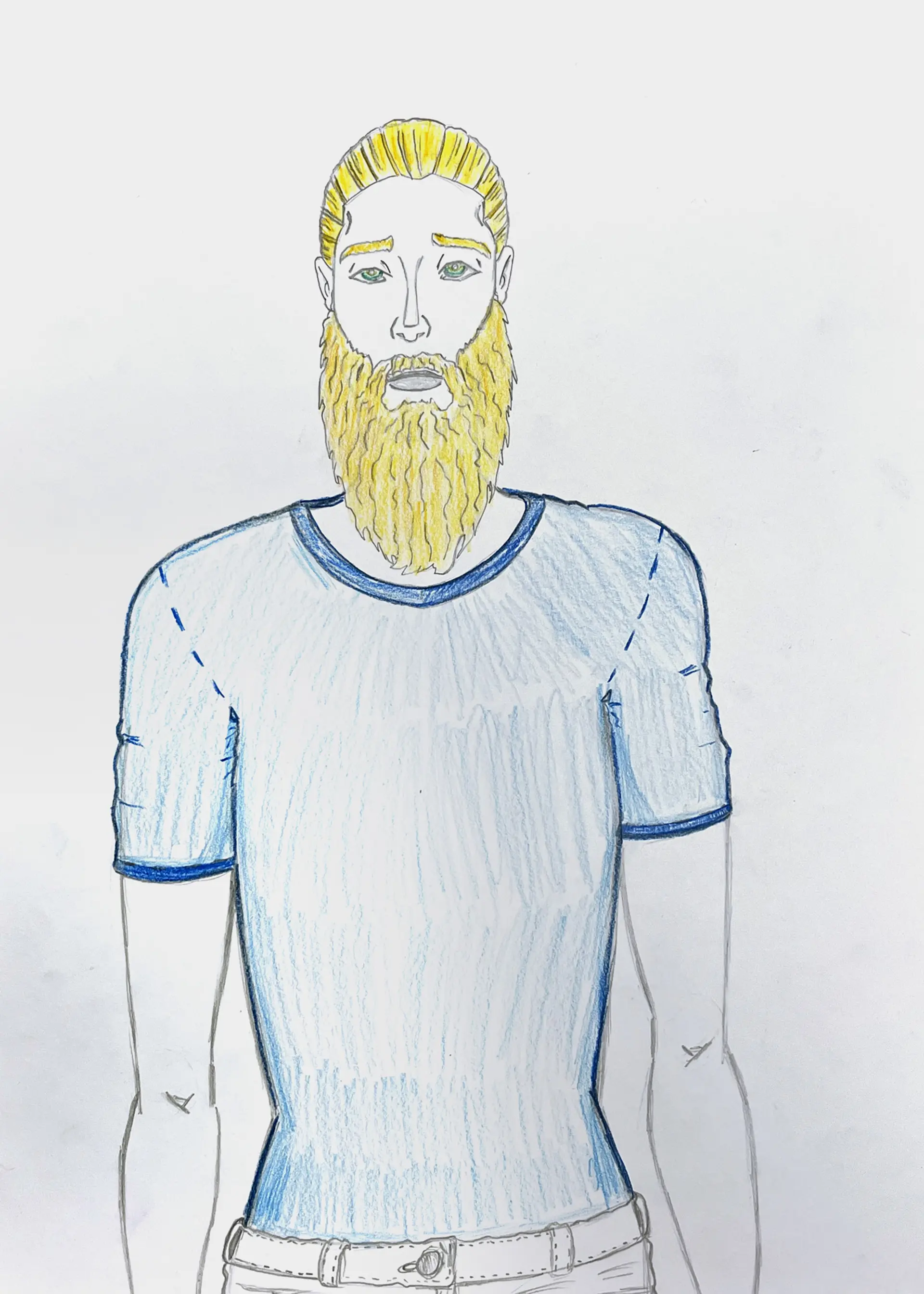 A pencil drawing of Alexander’s brother, Richard, a blonde person with a big blonde beard and green eyes. They are wearing a blue short sleeved t-shirt and the artist has detailed the stitching on their clothes.
