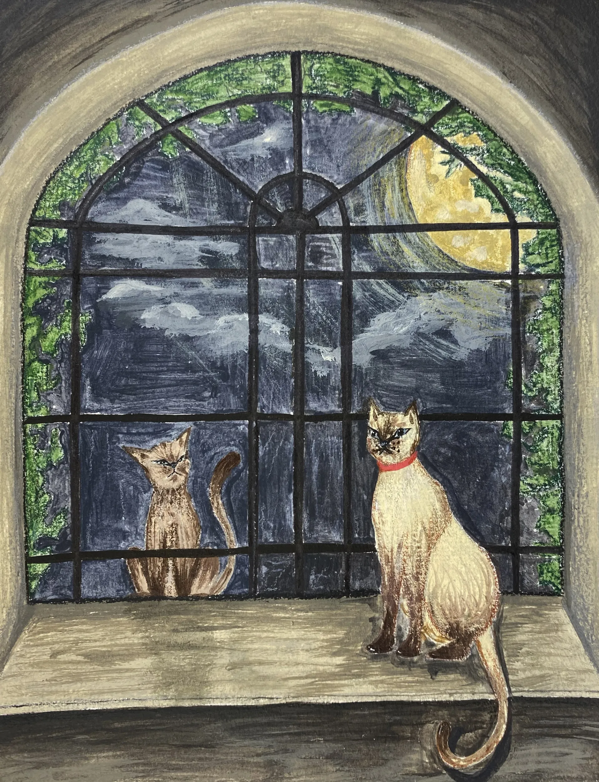 A drawing of an arched window. The glass is split into rectangular sections at the bottom, and curved shapes at the top. A beige cat with a red collar sits on the windowsill in the right foreground of the image, their tail drops down to the side of them. They are looking through the glass to another beige cat on the outside of the window, who is looking back at them. Their tale is raised and curves upwards. There are green leaves surrounding the window. The moon is high on the right side of the window and glows yellow. Grey clouds cover some of the navy sky.