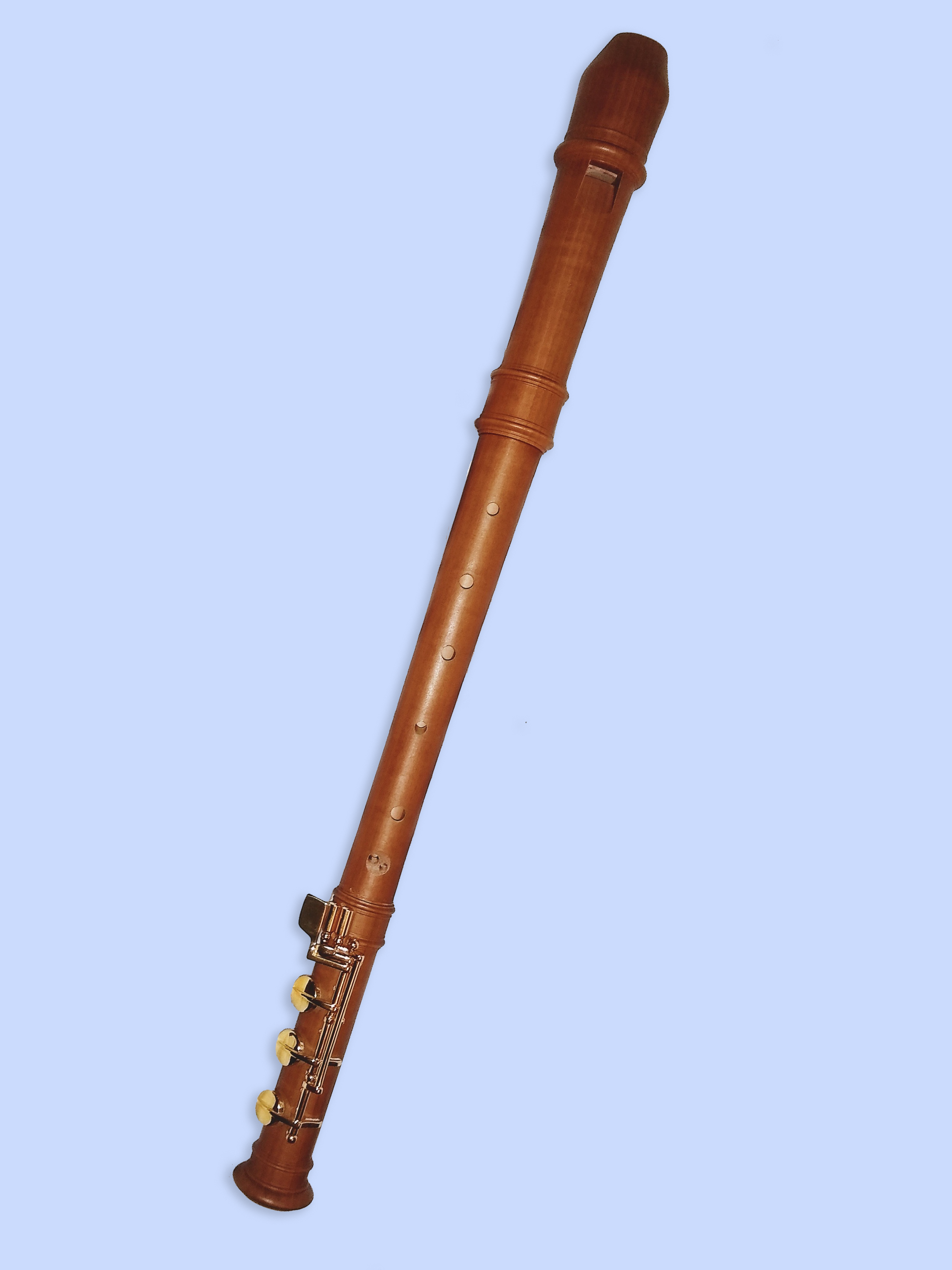 Photo of a wooden Mollenhauer Modern treble recorder with keys on the foot joint.
