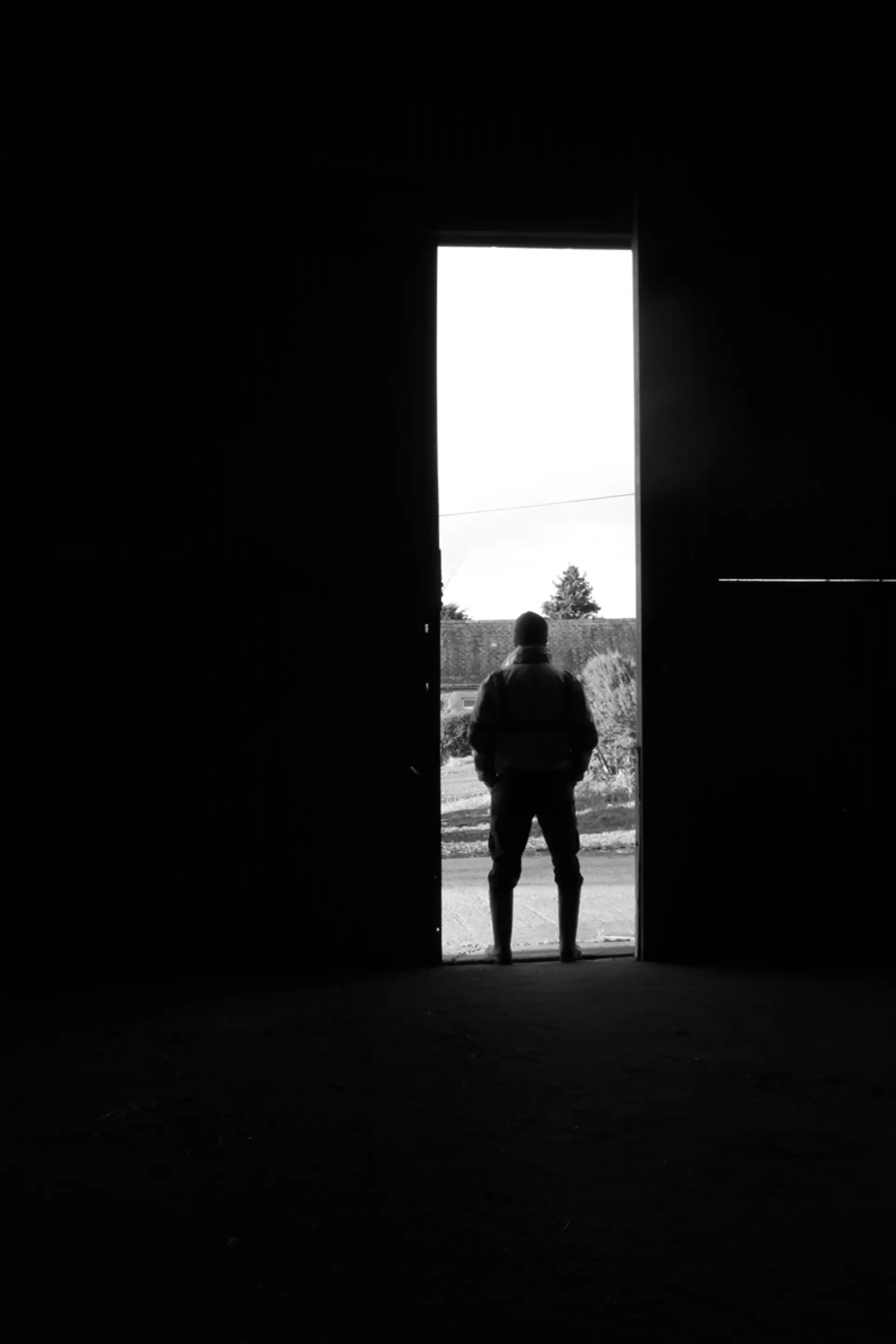 A grayscale image of a silhouette of a farmer standing in the doorway of a barn. They are facing away.