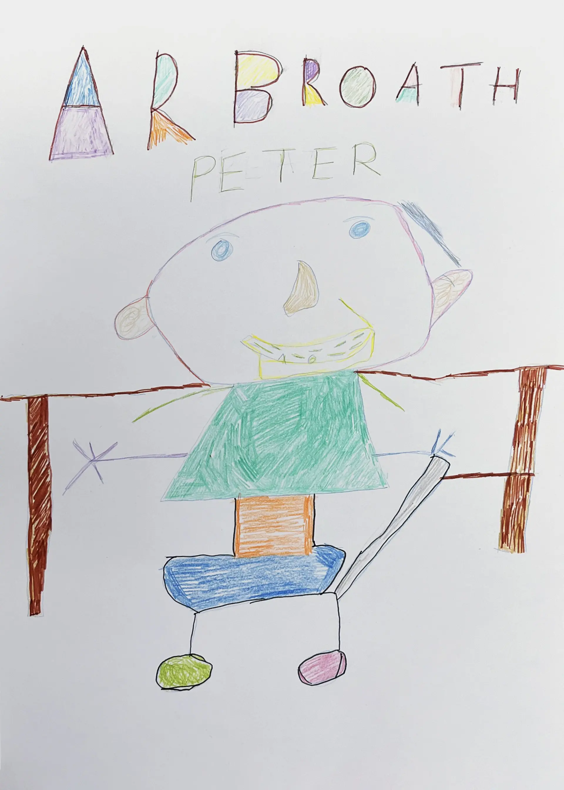 A coloured pencil drawing of Helen’s friend Peter who has blue eyes and is smiling. He is in a wheelchair. Above his portrait are the words ‘Arbroath, Peter’