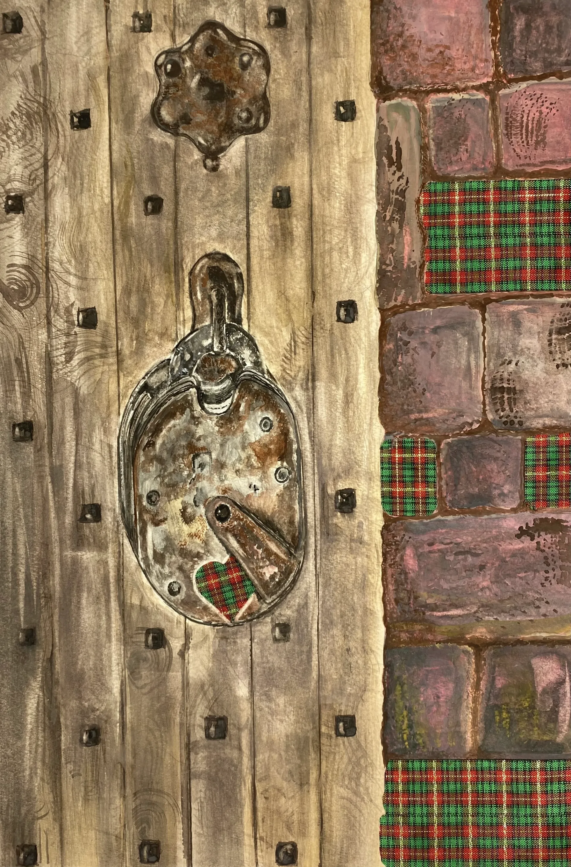 The painting depicts a close-up of a wooden door. It is a traditional wood panelled door with decorative square metal studs. The door is padlocked, and the metal cover of the keyhole is open to reveal a green and red tartan heart in place of the keyhole. The right-hand side of the painting shows a brick wall with green and red tartan in place of some of the bricks.