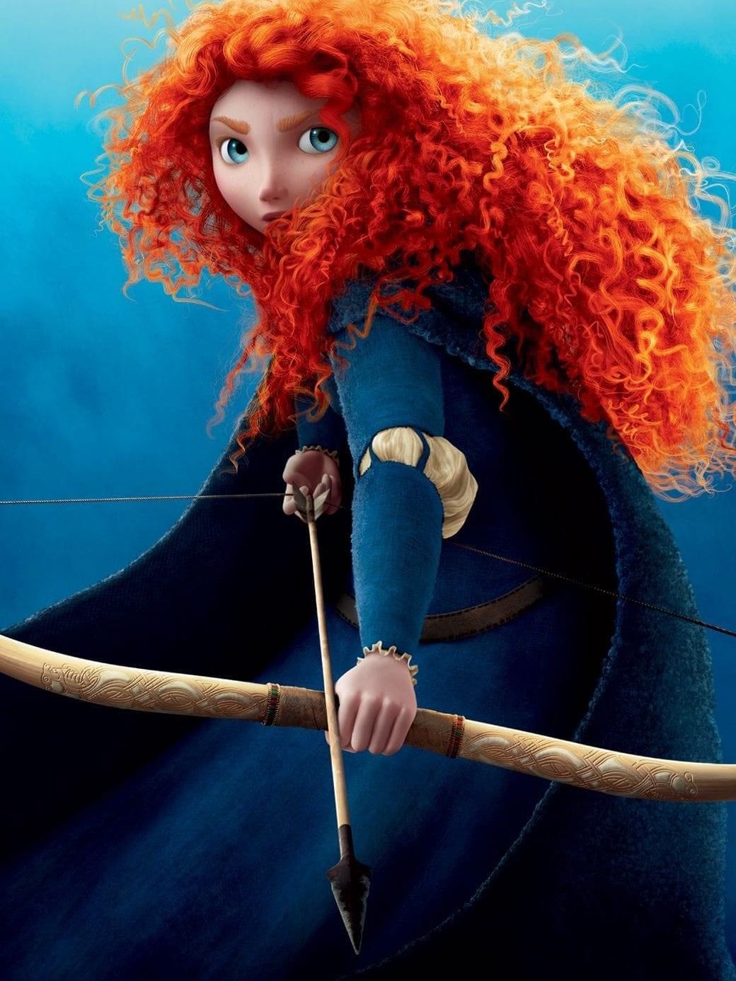 The film poster for  Disney- Pixar’s  Brave,  featuring a cartoon of a young and fearless looking woman in historical dress brandishing a bow and arrow. Her defining feature is a huge, tousled head of auburn curls.