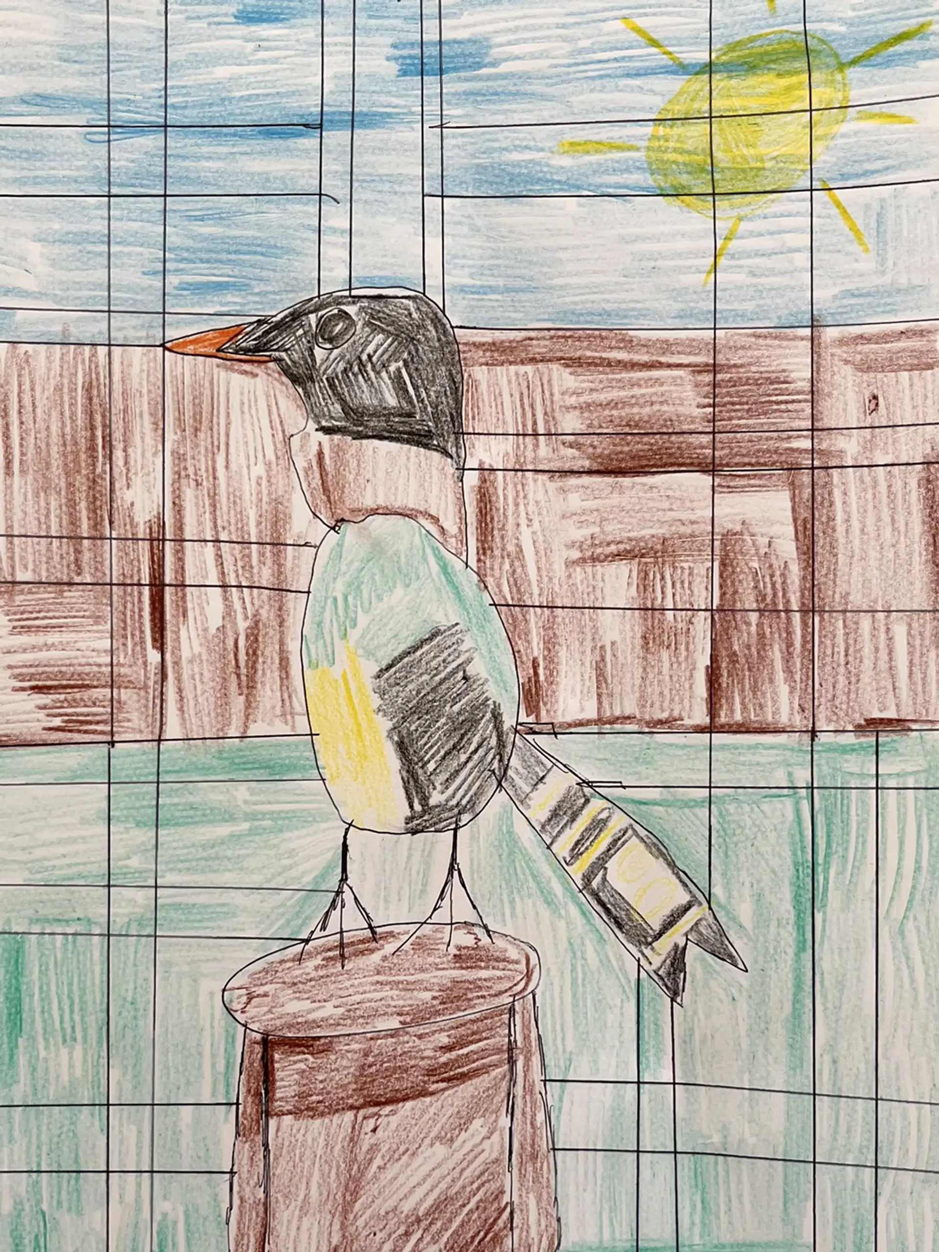 A coloured pencil drawing on a bird with a black head and green and yellow body standing on a wooden post. The background is coloured green, brown and blue and is split into a rectangular grid. There is a yellow sun in the right hand corner of the artwork. 