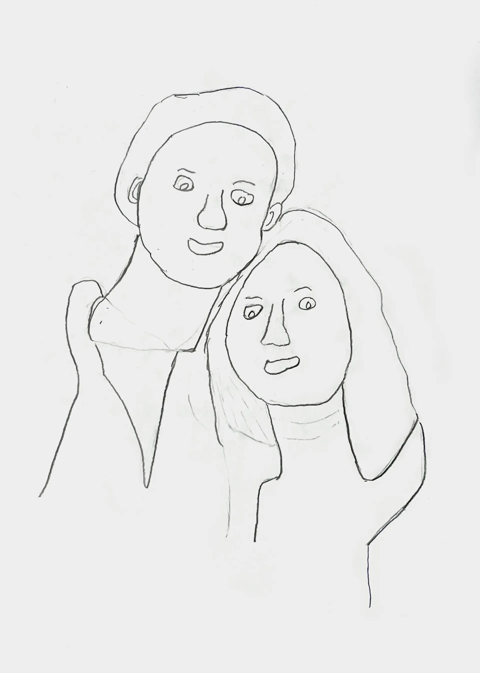 A line drawing of a couple, Ena’s sister and brother-in-law. Their heads are close together and they are smiling at the viewer.