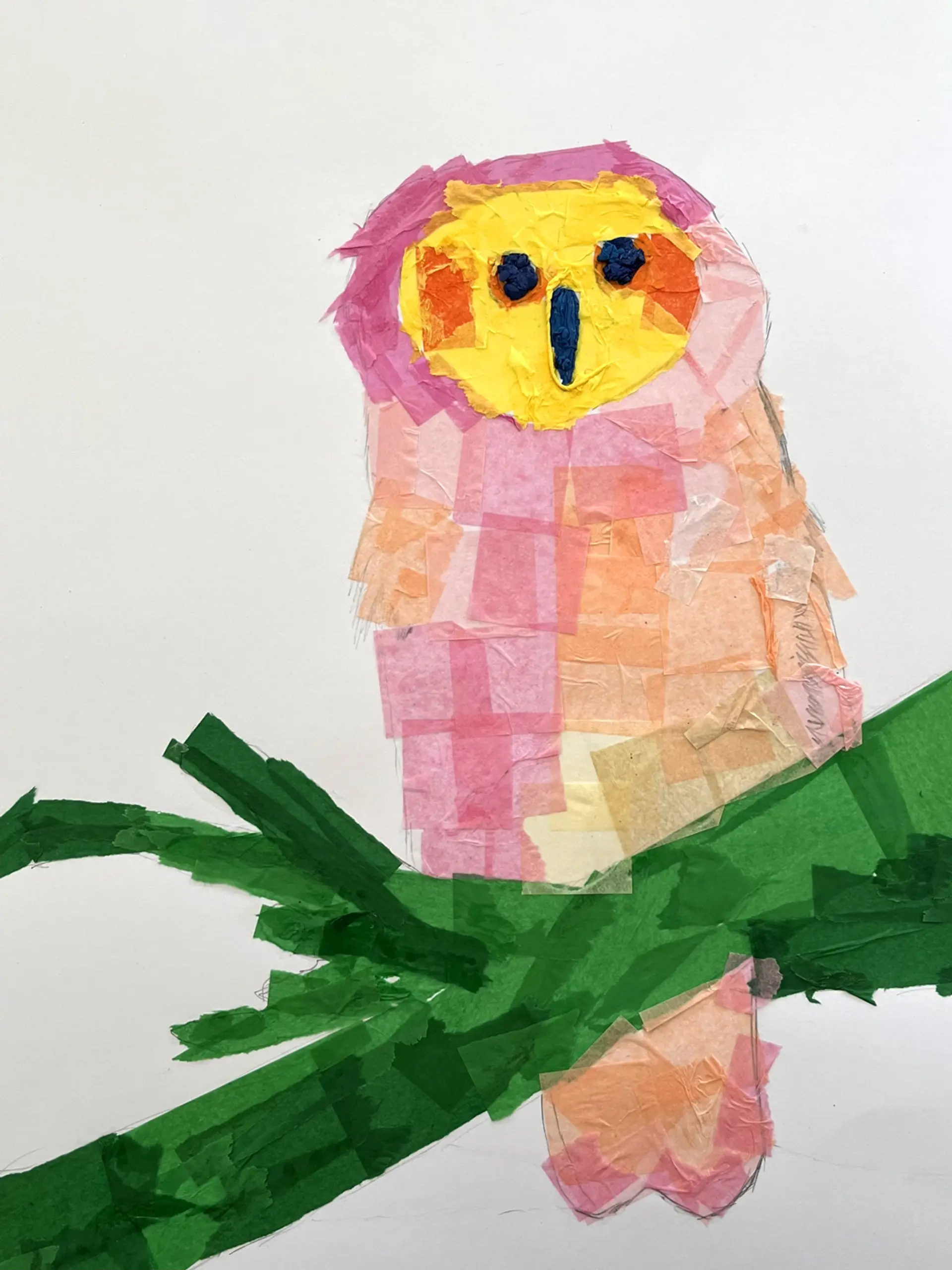 A tissue paper collage of an owl. The owl has a pink body with a yellow face and dark blue eyes and beak. It sits on a thick green branch. 