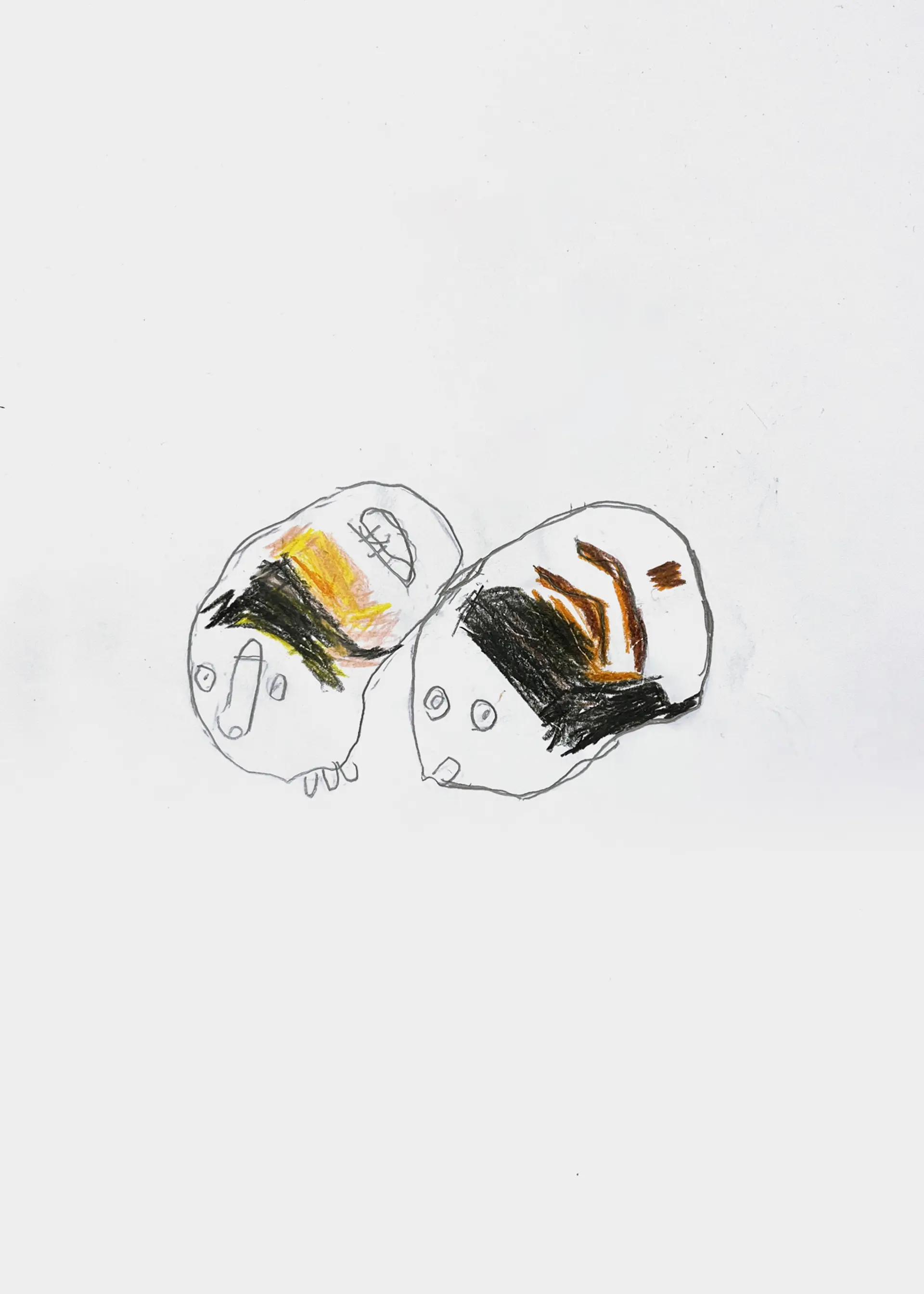 A pencil and oil pastel drawing of Lewis’s two guinea pigs, Daisy and Dino. They are black, brown and light yellow coloured. They are sitting very close to each other. 