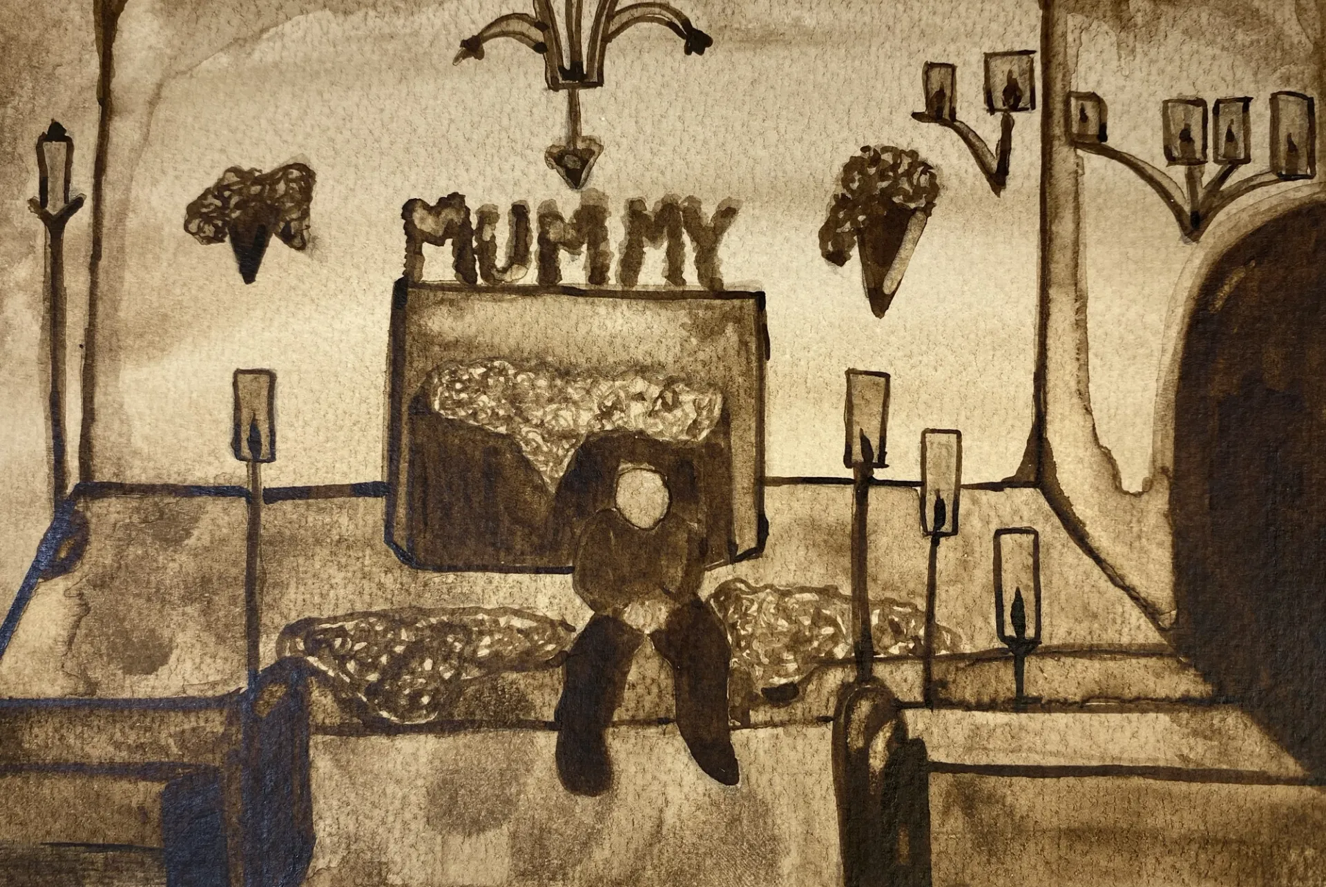 A monochrome sepia watercolour painting shows the interior of a church. ‘MUMMY’ is written across the altar. Empty pews are in the foreground, and lit candles are raised above them. A person sits central in the image of a step in front of the altar. They have their hands in their laps, and their face is completely blank; it is not detailed. There are flowers on the back wall and more candles coming off the side walls.