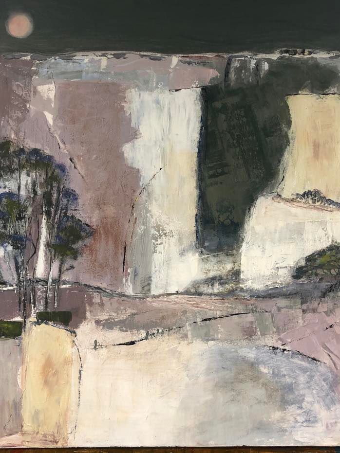 An abstract landscape painted in chunks and waves of muted colours with a full moon in a pitch black sky