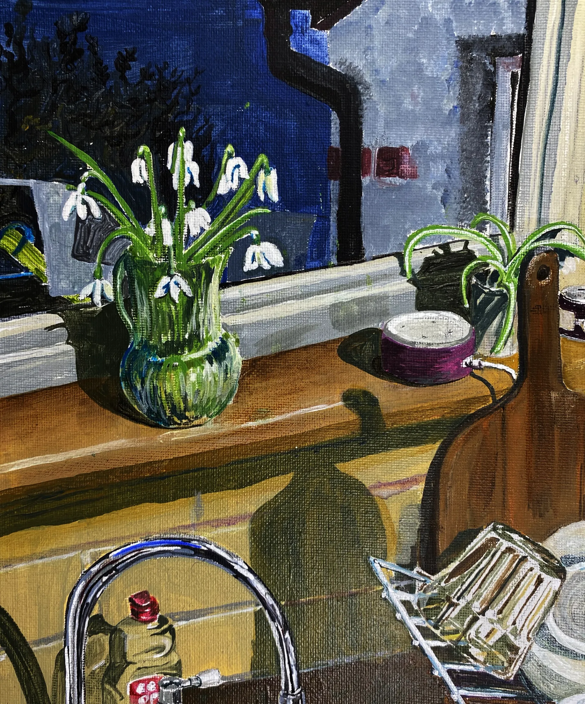 A painting of a domestic scene. We see the view out of a kitchen window at night; another house, the side of a car and a shrub. Inside, on the brown windowsill, we see a little green jug full of snowdrops. The leaves are green, and the flowers are white. A purple smart speaker and another green plant are to the right of the flowers. We can see the top of the kitchen sink tap, a washing-up liquid bottle, and the draining board. There is a wooden chopping board drying, a bowl and a small glass. The tiles behind the sink are yellow, and shadows are cast across them from the objects in the image.
