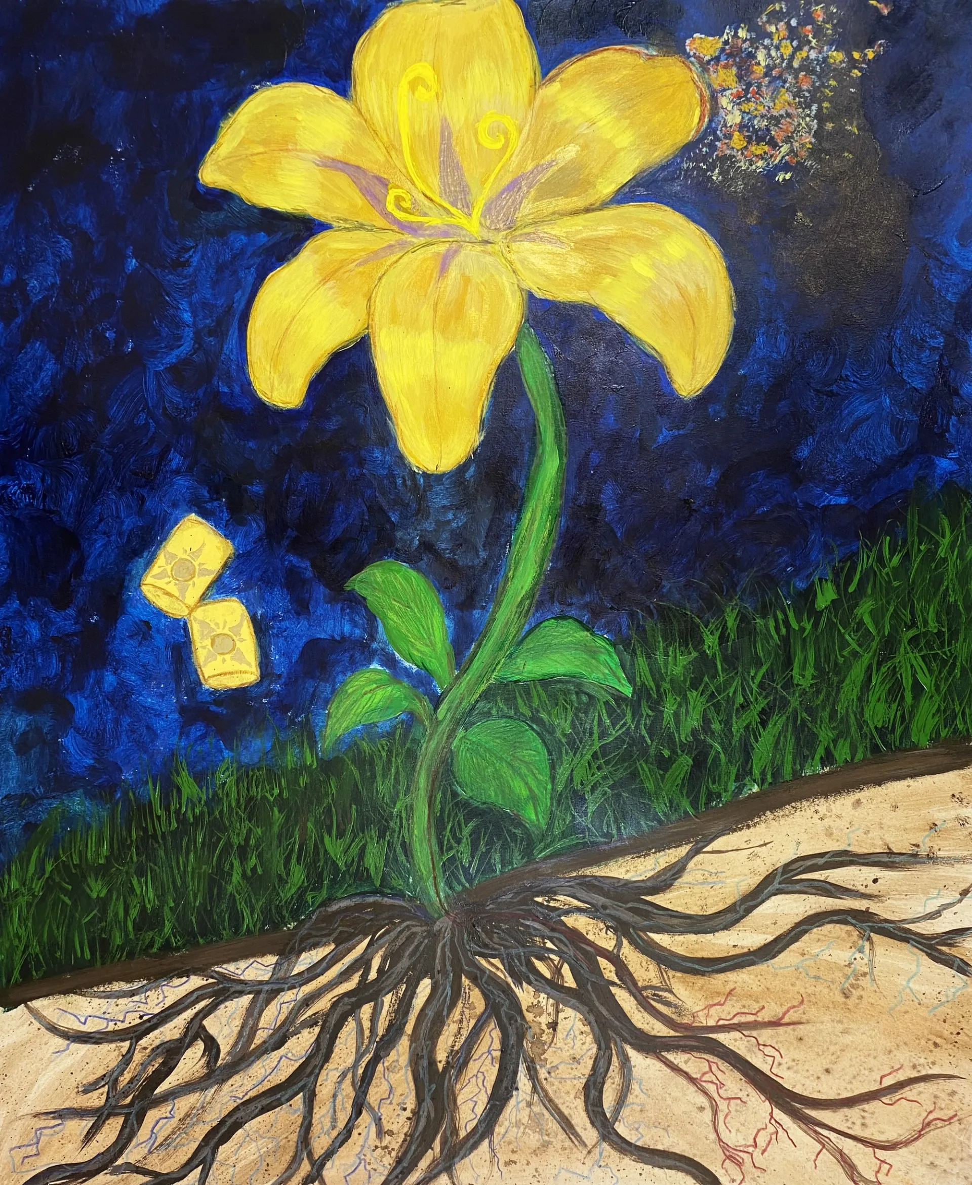 This painting shows a yellow flower growing out of the ground. You can see below the surface of the soil, and there are lots of roots spreading across the bottom section of the painting to the edges. Above the soil, green grass grows behind the bright green stem and leaves of the flower. The yellow flower has six petals and curly stamen in the centre. The background of the image is a deep navy blue. There are dots of colours coming off the petals of the flower towards the top right-hand corner of the painting, they are coloured yellow, red and blue. To the left of the flower are two yellow squares. They have a depiction of the sun on them.
