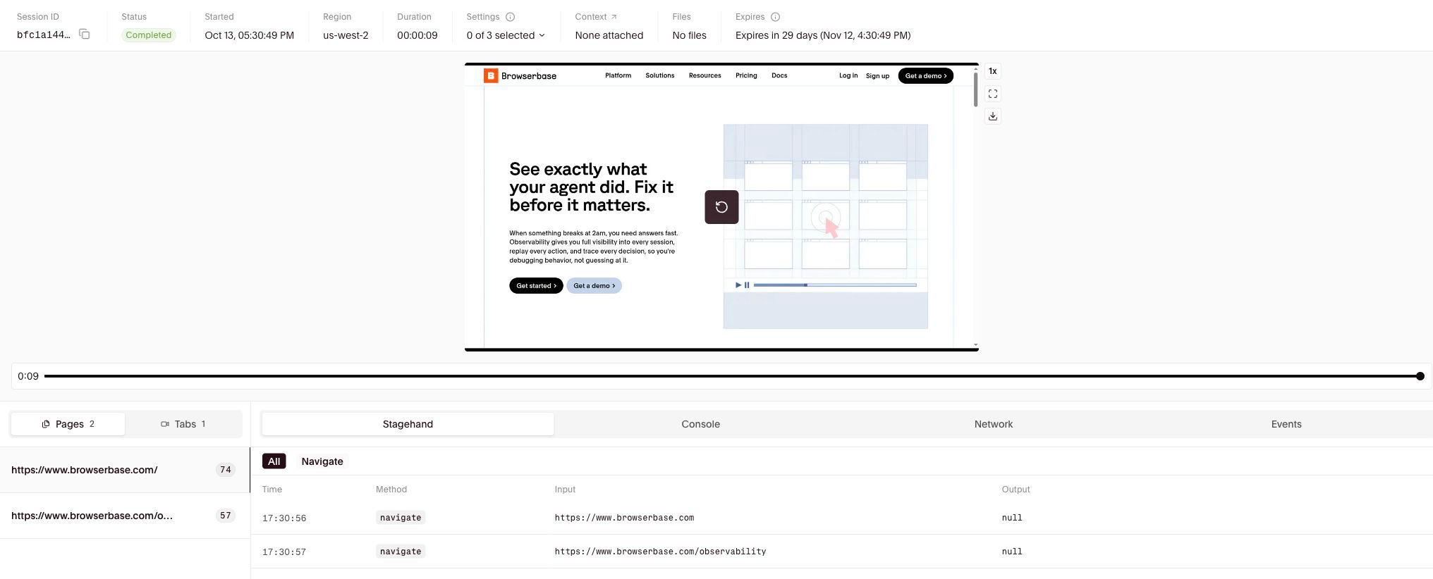 A completed Browserbase session showing the recorded Observability page, replay timeline, and Stagehand navigation logs.