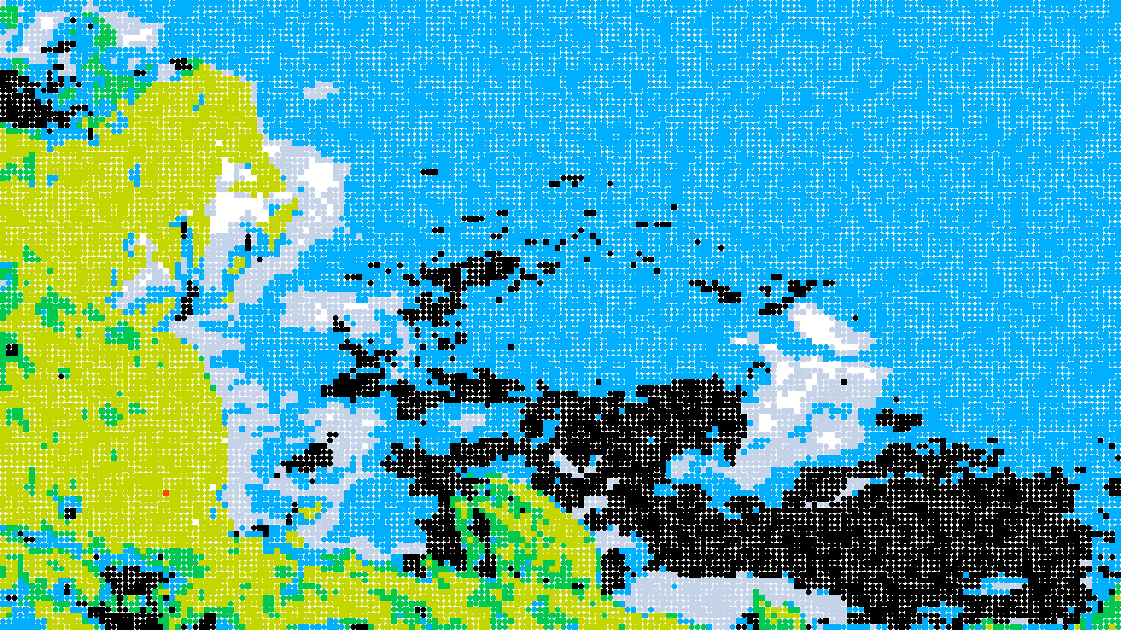 Pixelated coastal cliffs, offshore rocks, and ocean surf