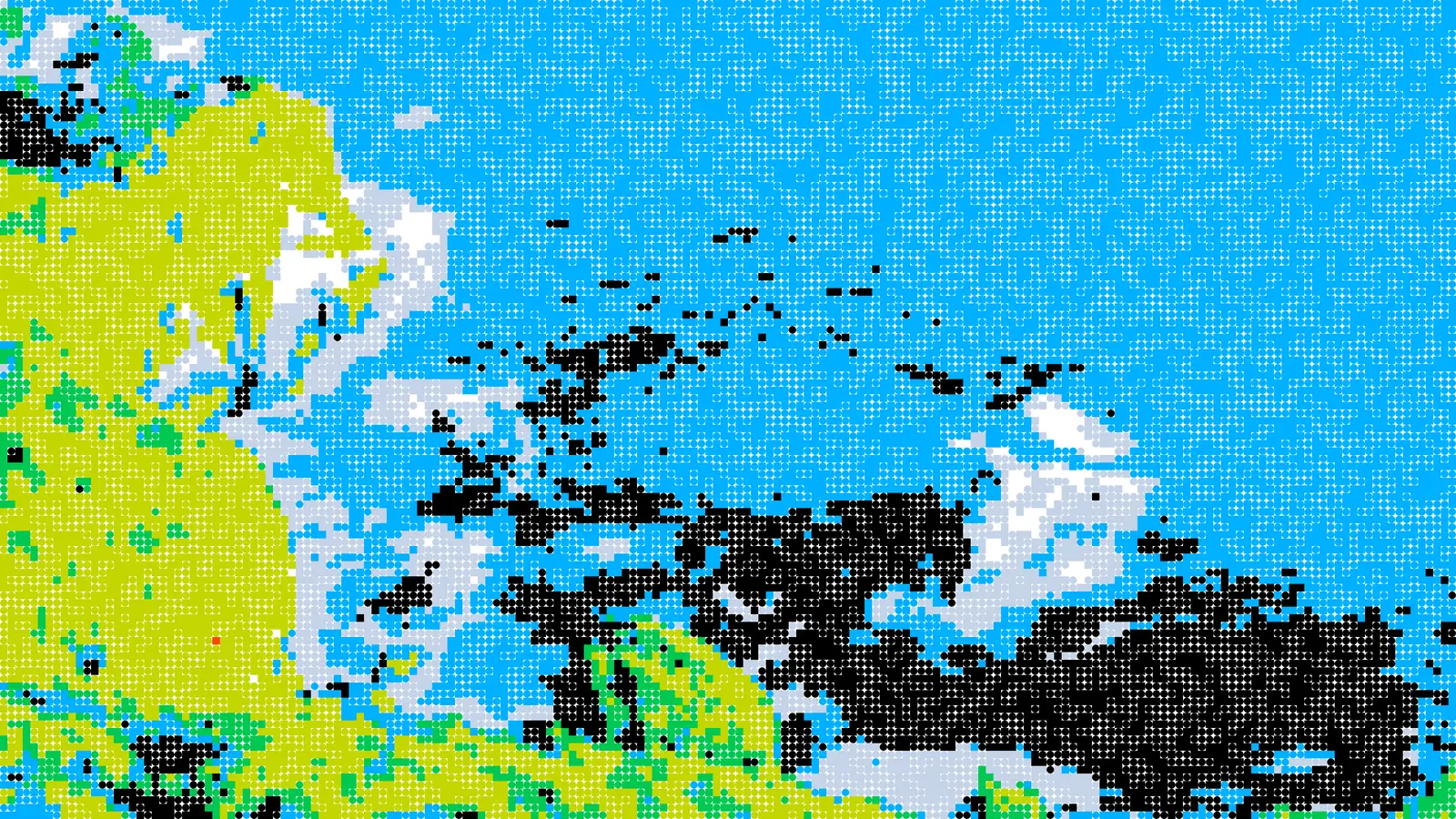 Pixelated coastal cliffs, offshore rocks, and ocean surf