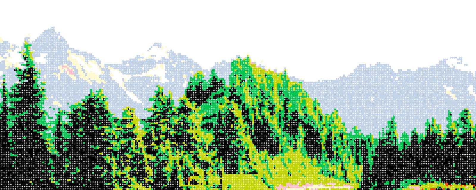Green halftone pine forest in front of pale blue mountains.