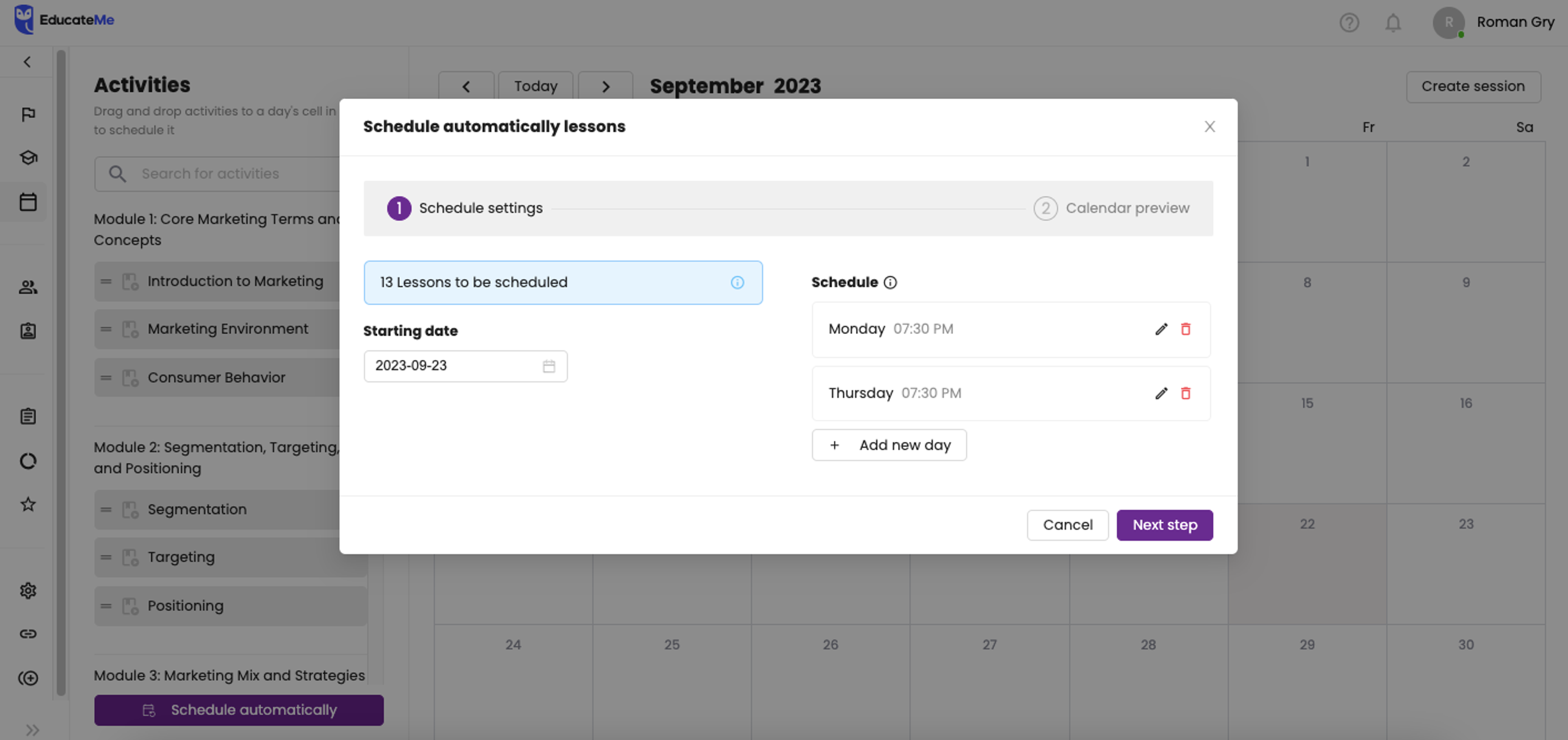how to start pnline academy with EducateMe calendar