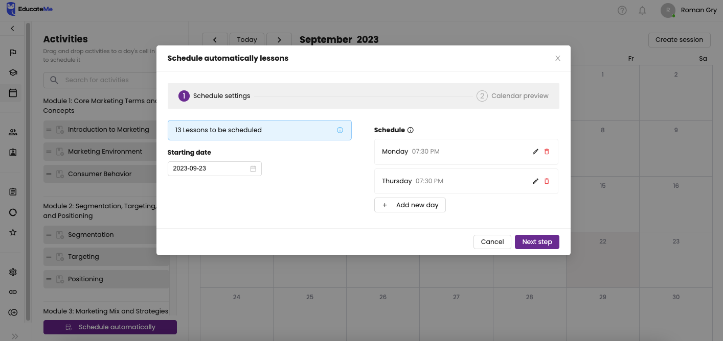 how to start pnline academy with EducateMe calendar