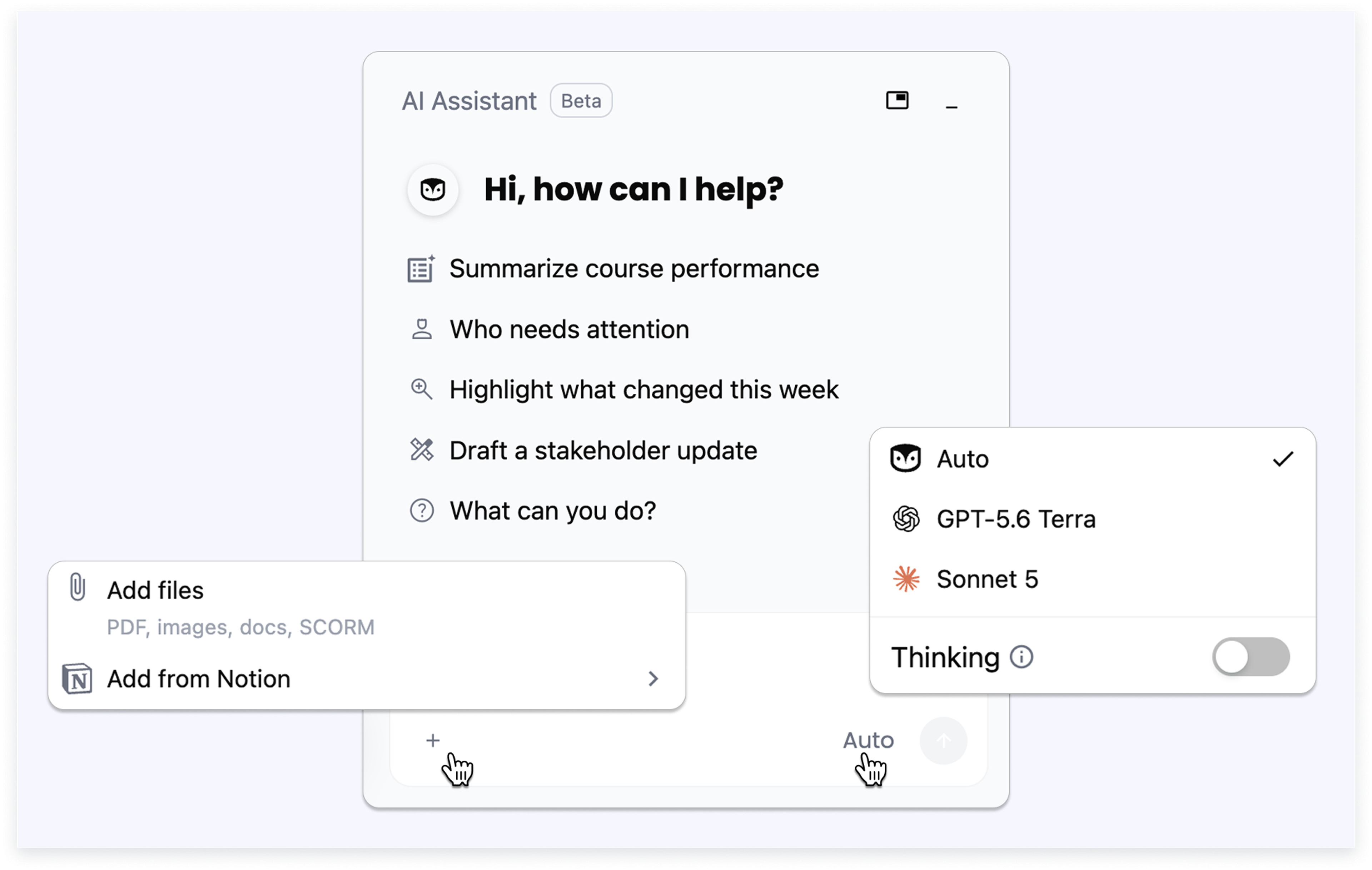 AI Agent attach menu showing the new Notion connector option and the model picker
