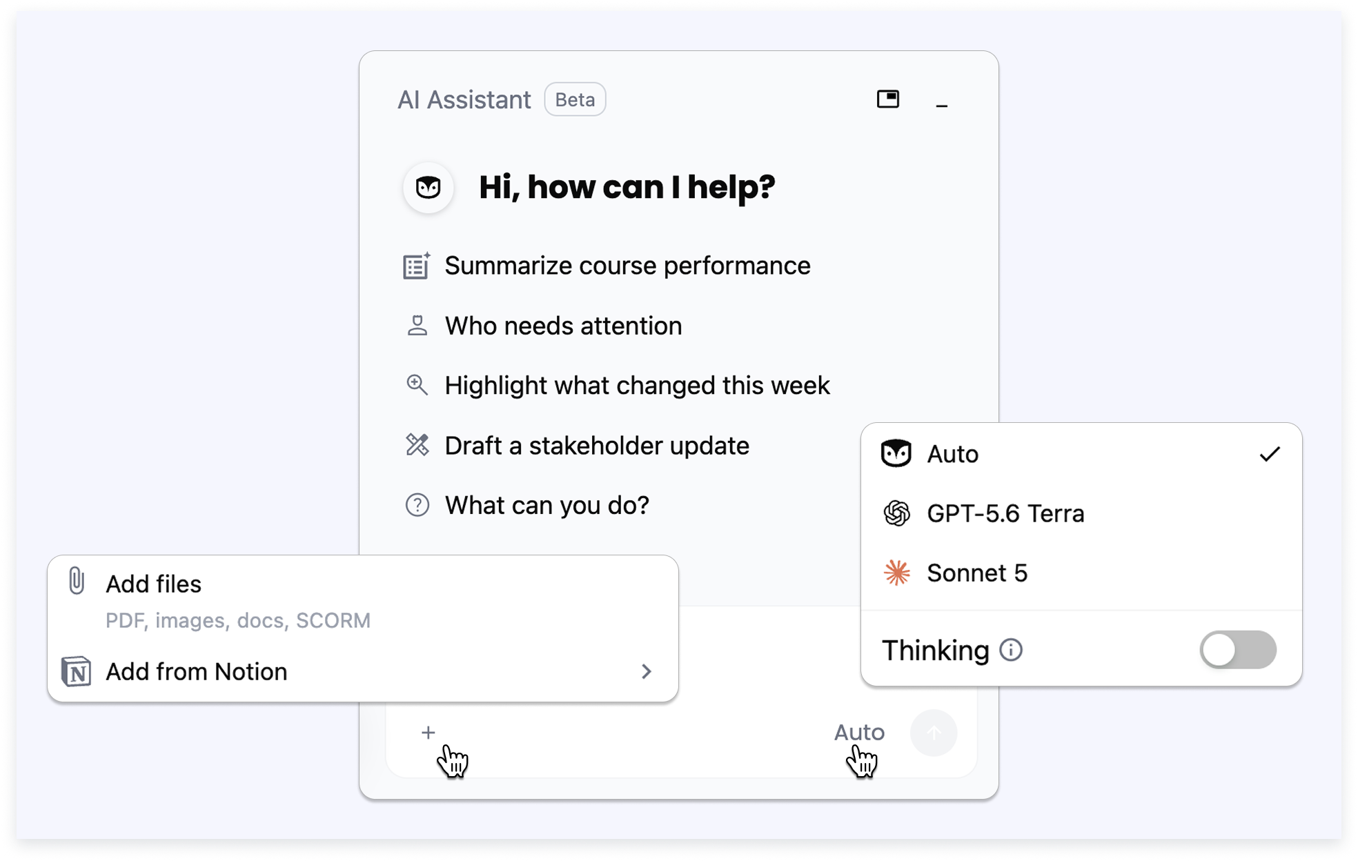 AI Agent attach menu showing the new Notion connector option and the model picker