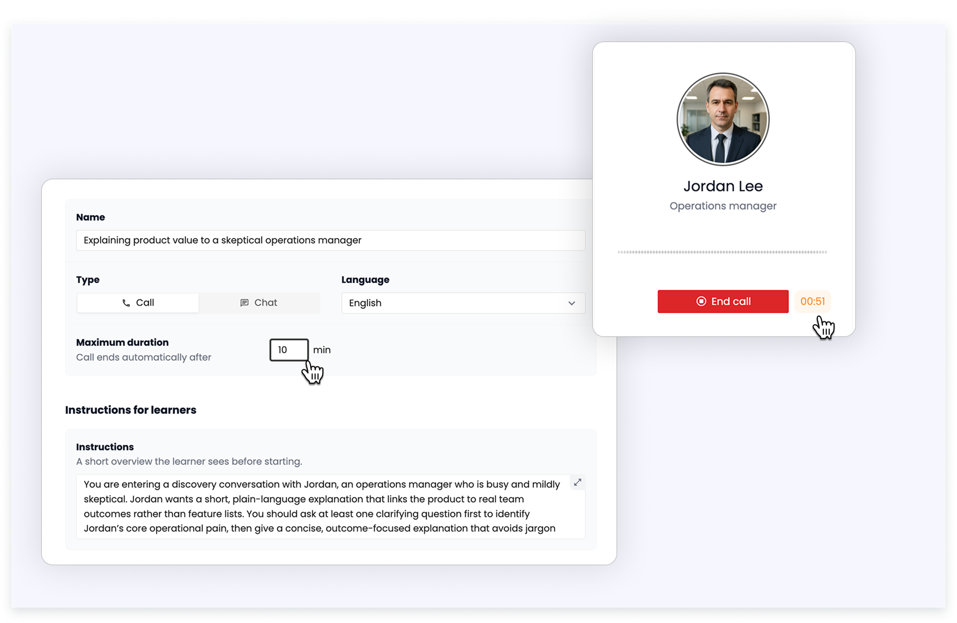 The Maximum duration field and the learner countdown timer in AI Roleplay