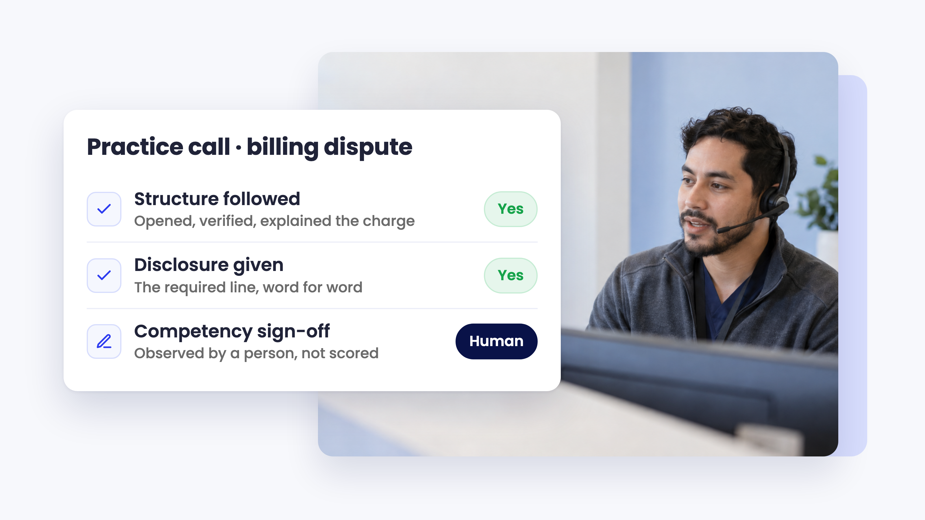 A front-desk coordinator on a headset beside a practice-call rubric where structure and disclosure are scored by AI and competency sign-off stays human