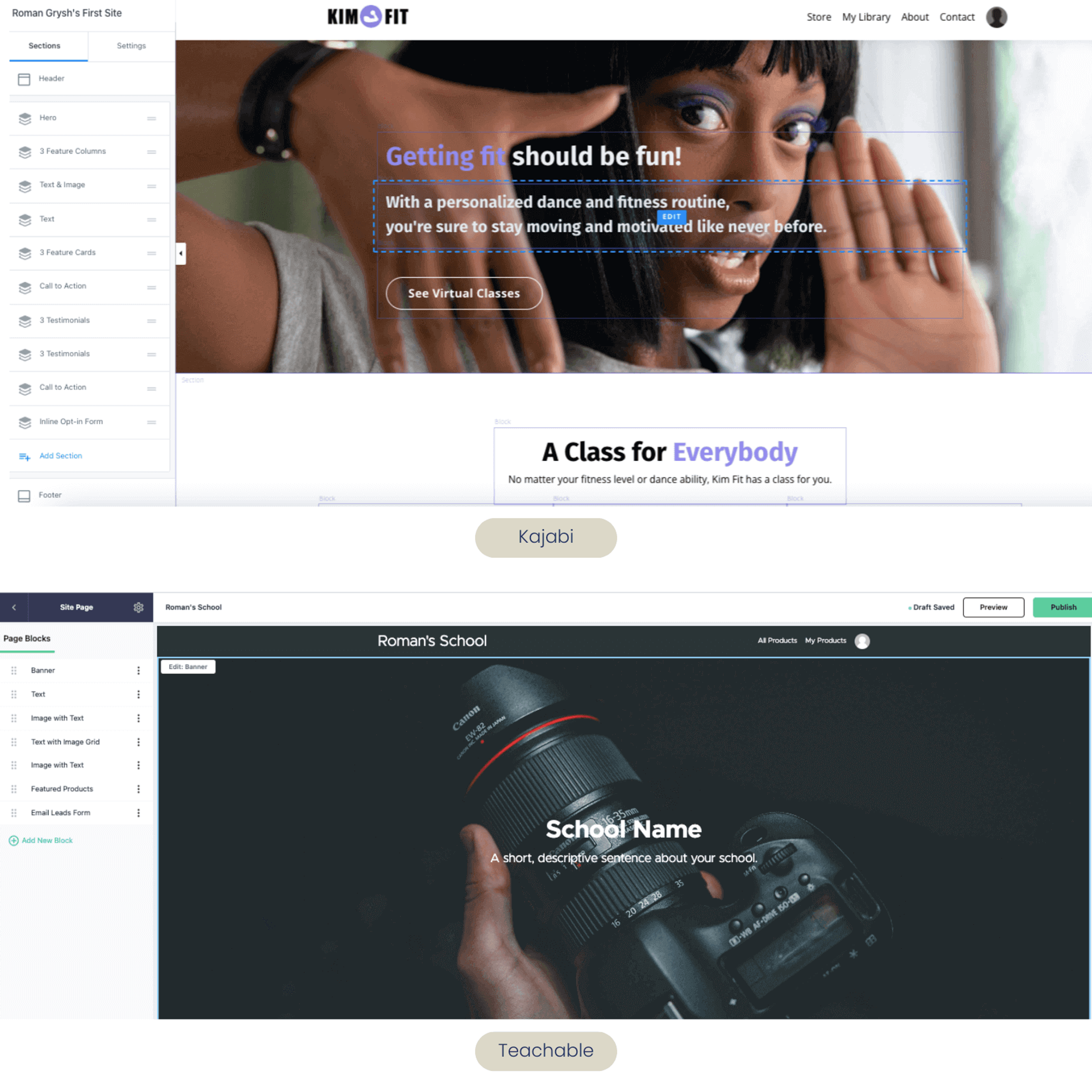 Kajabi vs teachable website builder