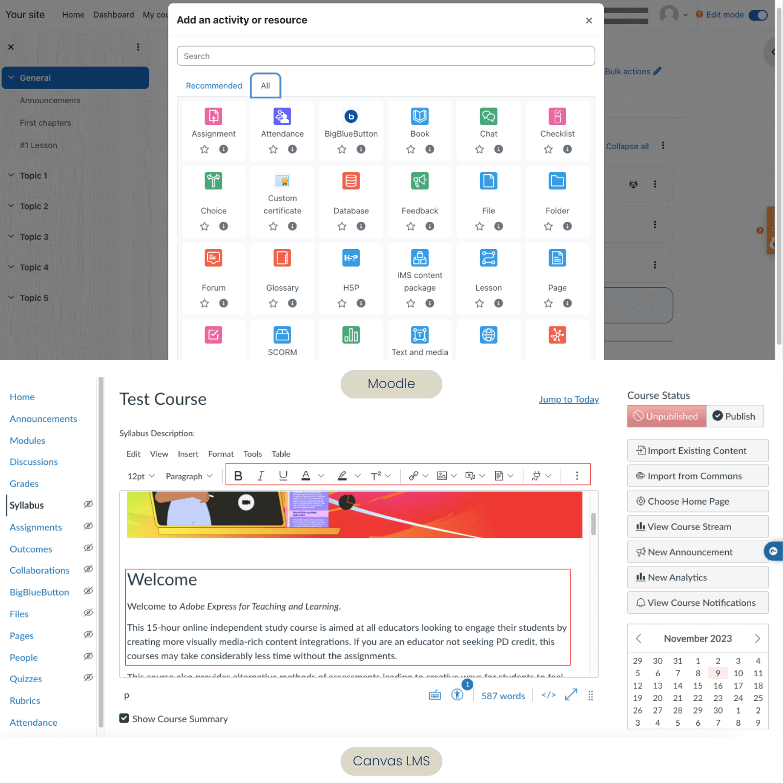 Moodle vs Canvas Content Options