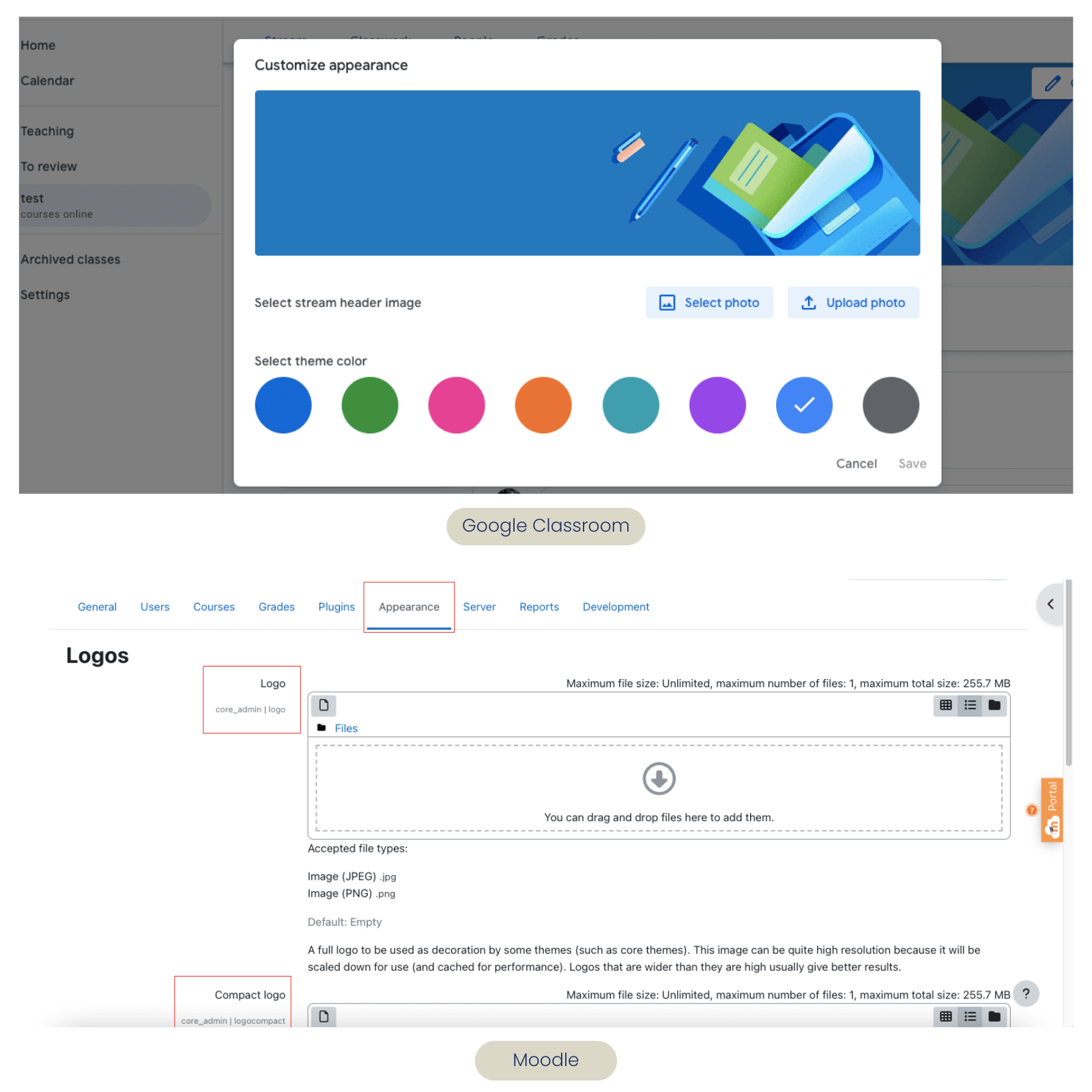 Google Classroom vs Moodle customization and branding