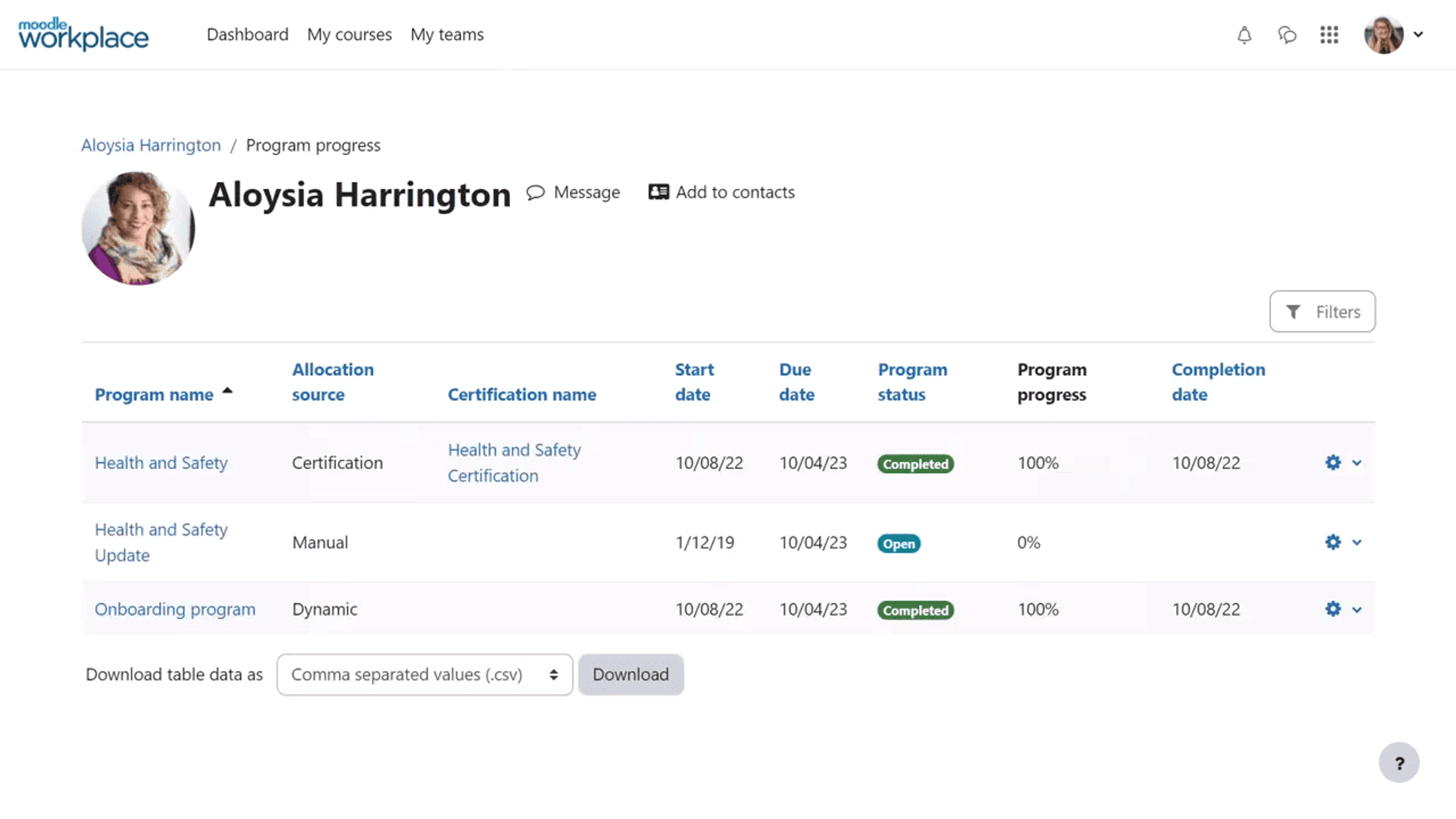 Moodle track compliance