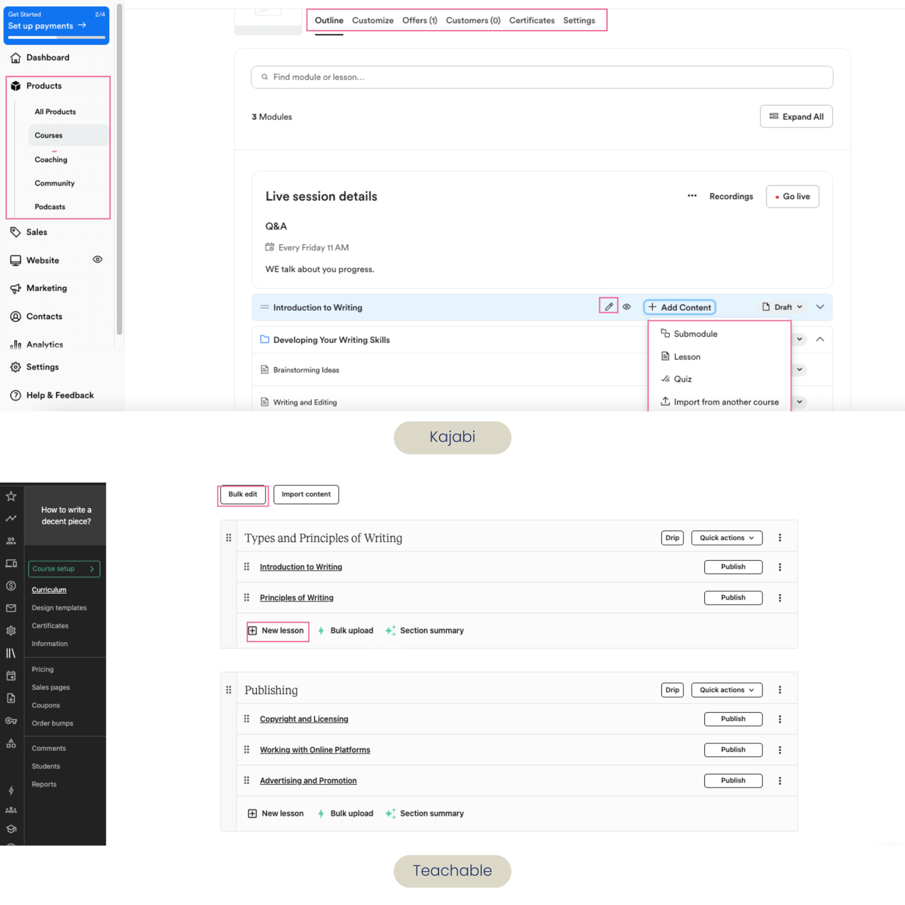 Kajabi vs Teachable course creation