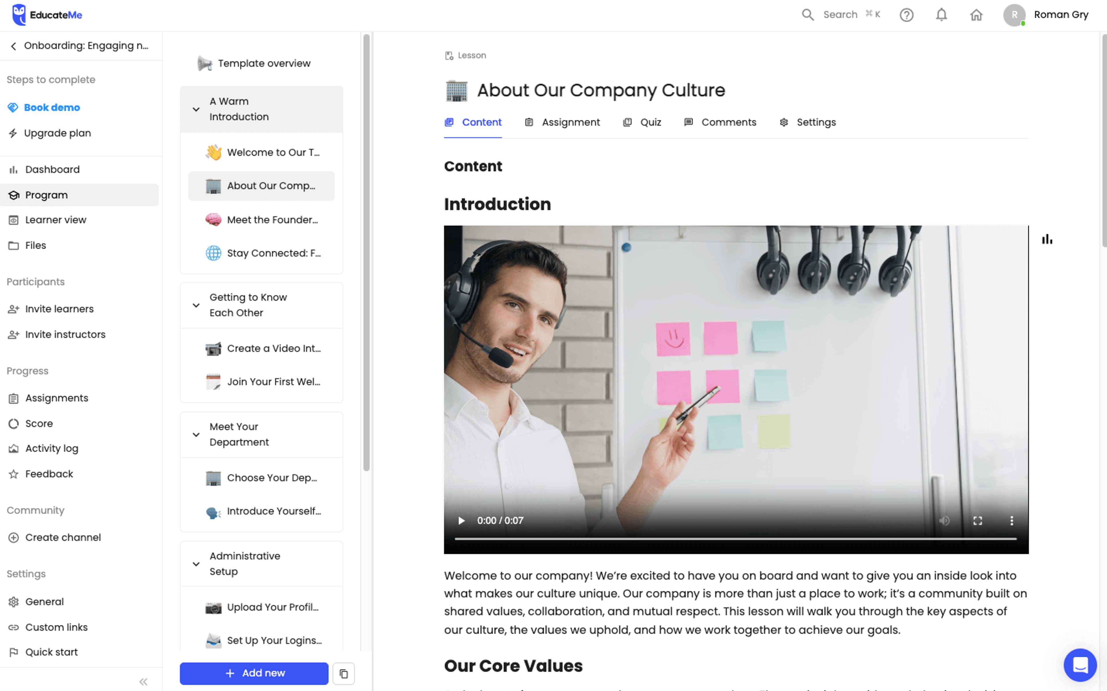 Onboarding intro in an LMS
