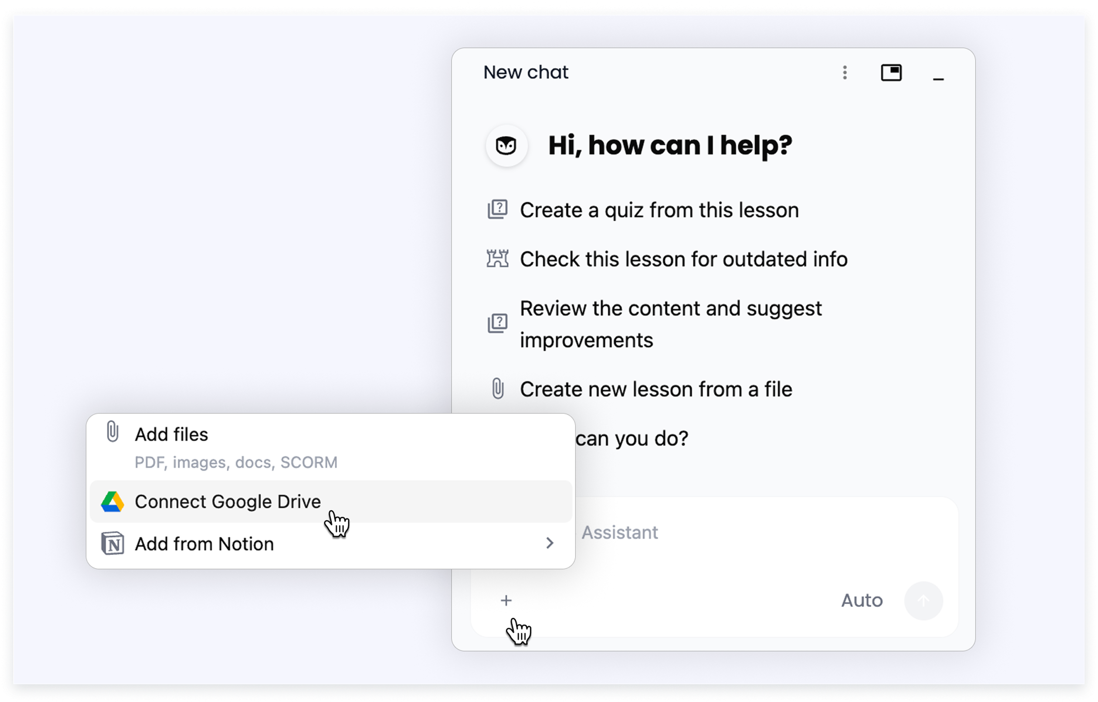 The AI Assistant + menu with the Connect Google Drive option