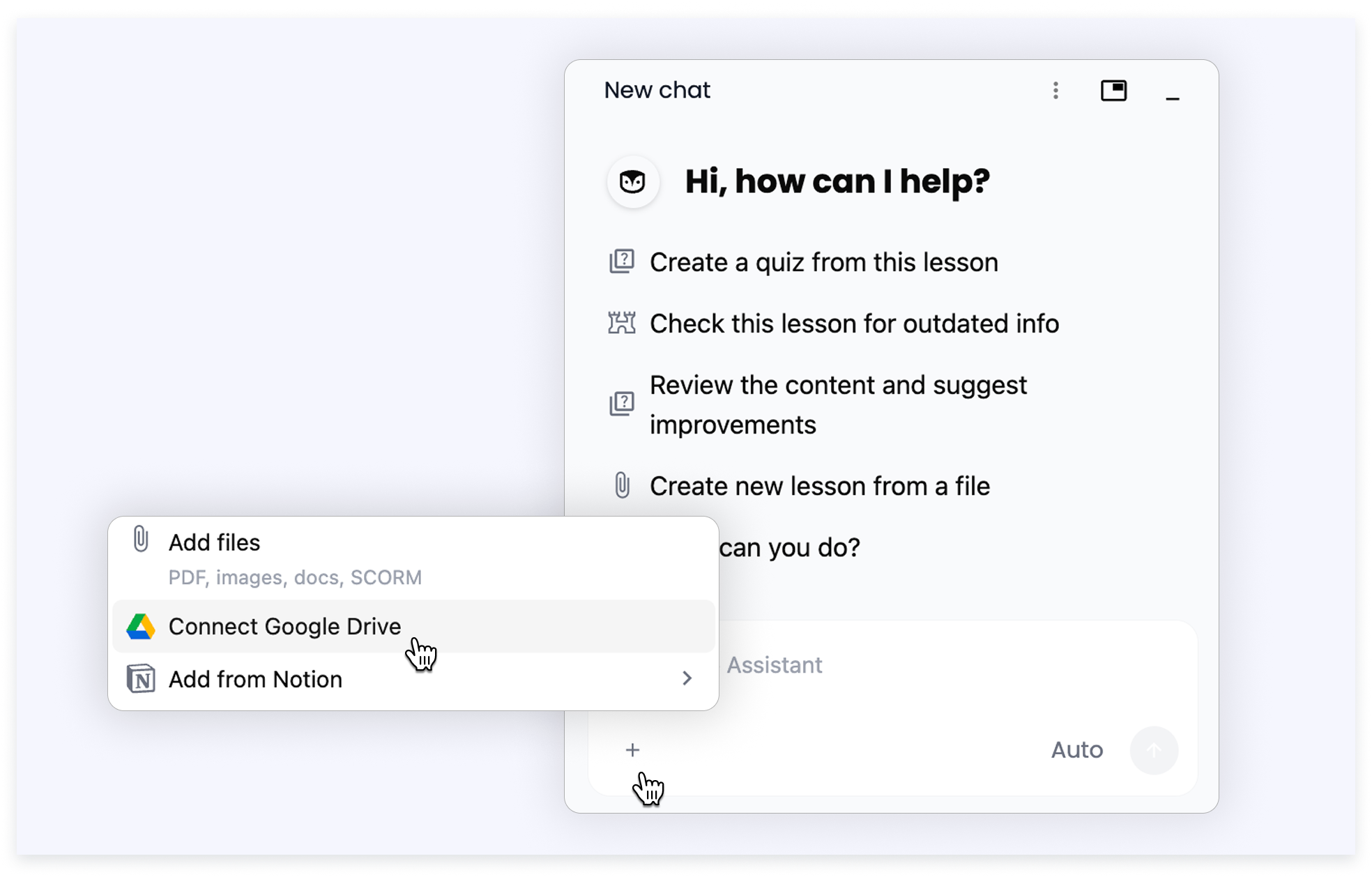 The AI Assistant + menu with the Connect Google Drive option